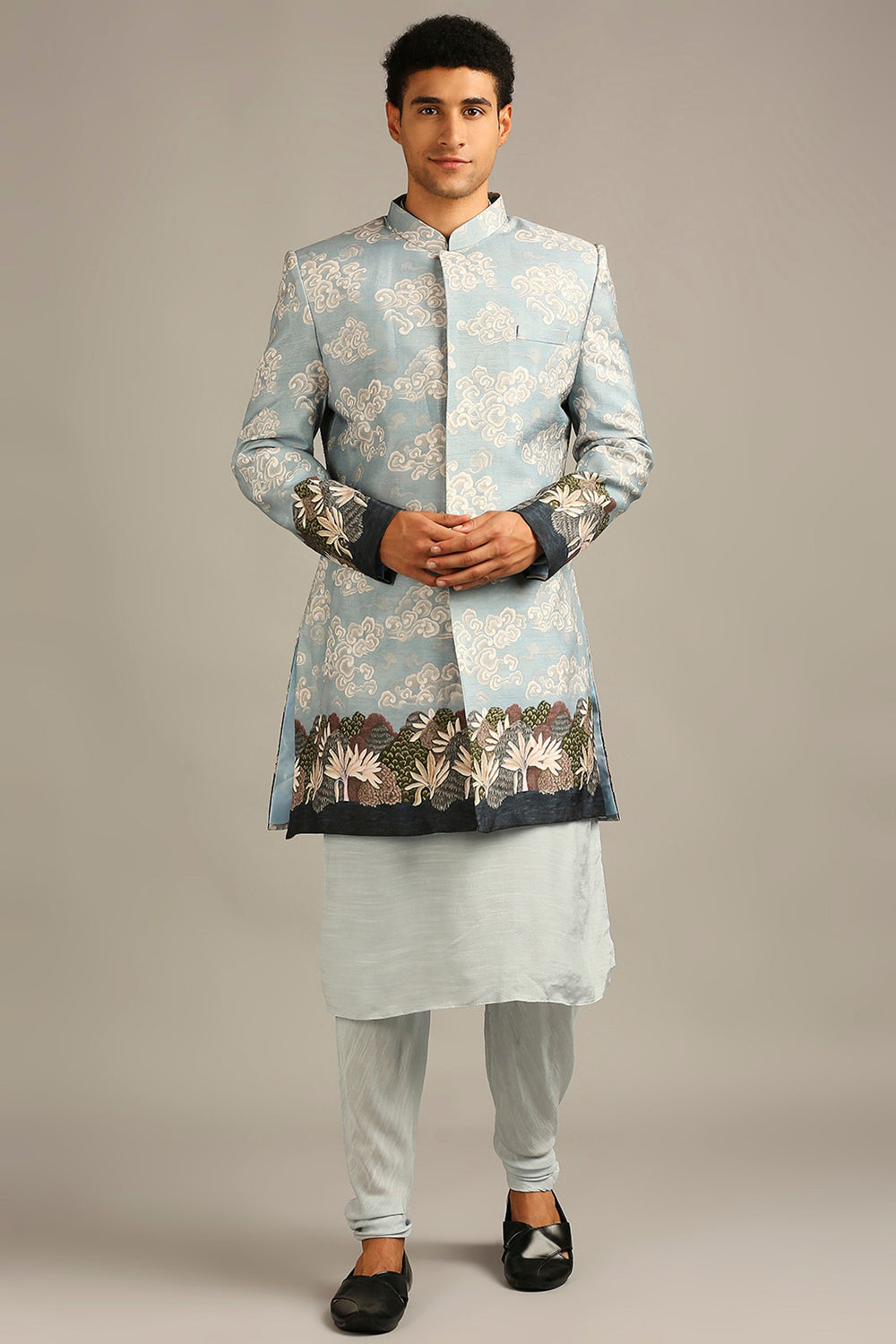 Cloud Printed Longline Jacket With Kurta Set