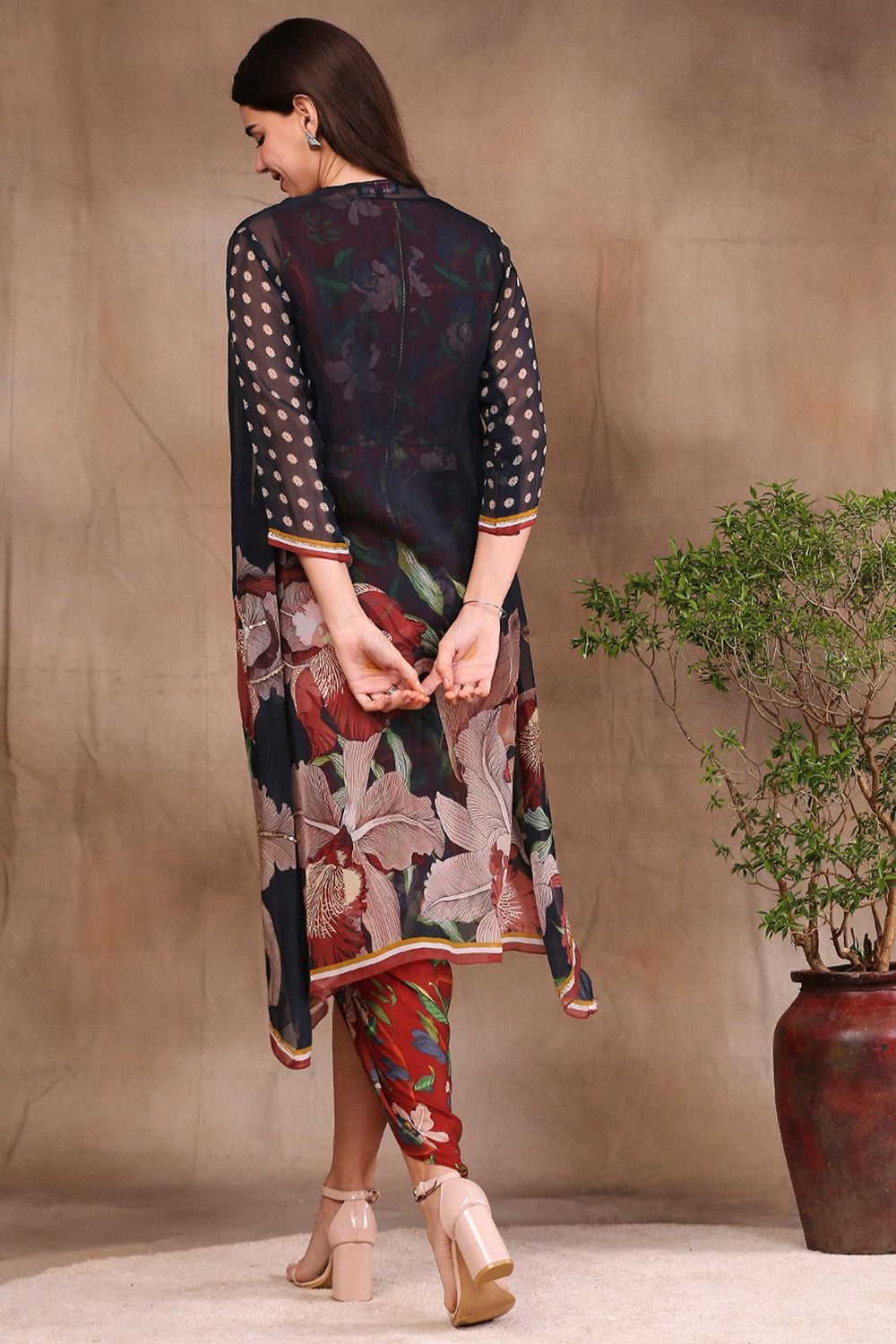 Orchid Bloom Printed Drape Dress With Straight Jacket