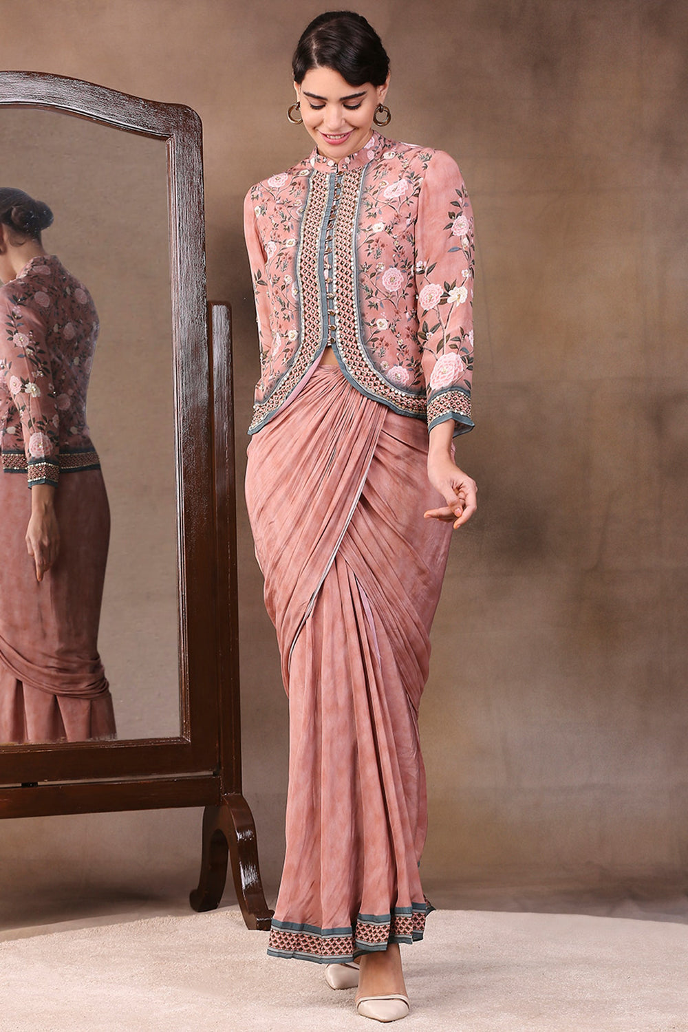 Vintage Trails Printed Drape Skirt With Embroidered Jacket