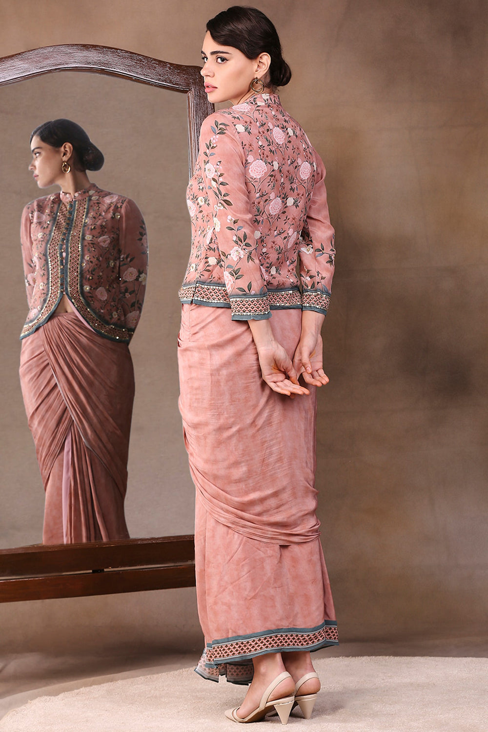 Vintage Trails Printed Drape Skirt With Embroidered Jacket