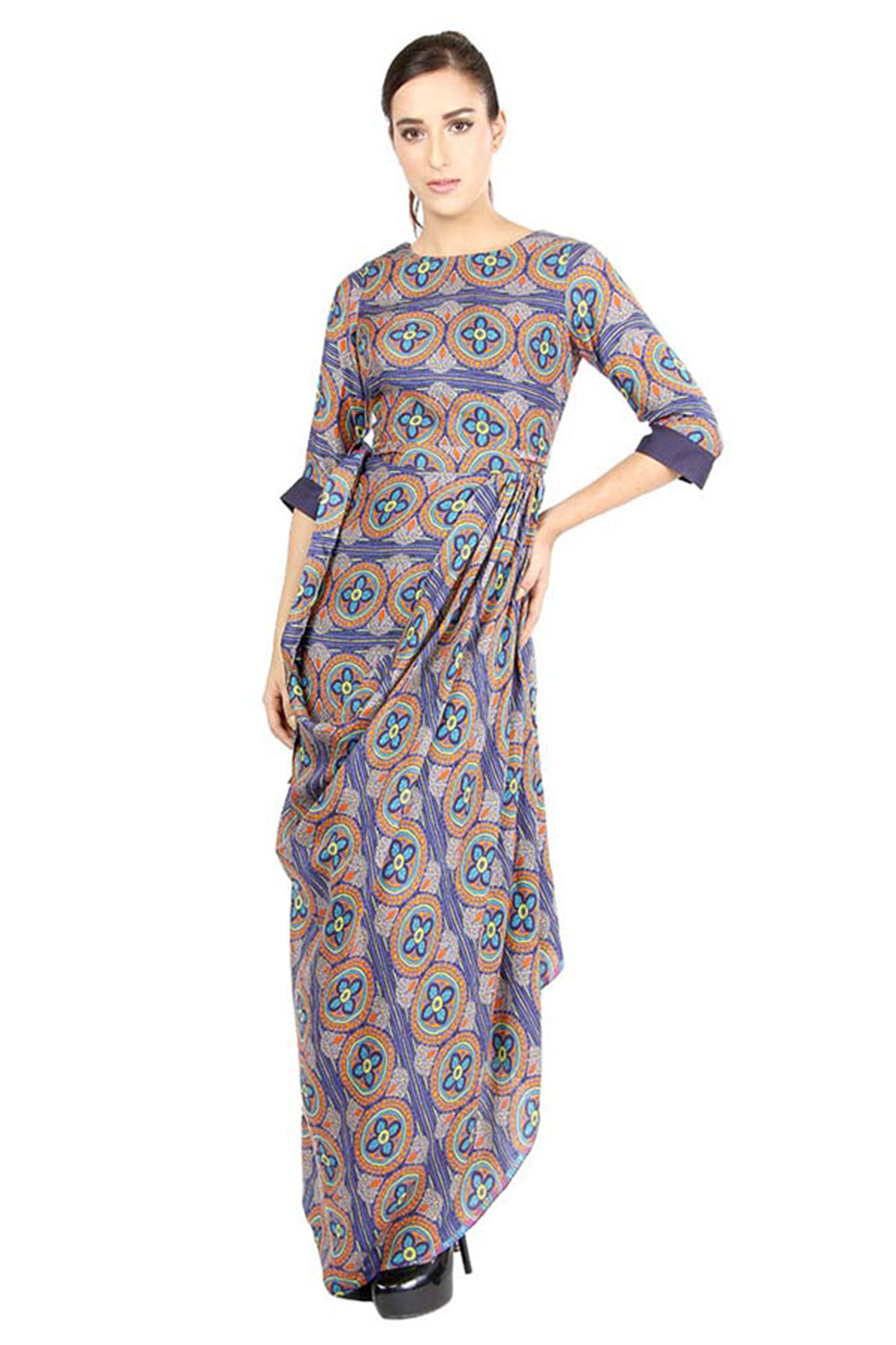 Azuleza Printed Drape Dress With Waist Tie-Up