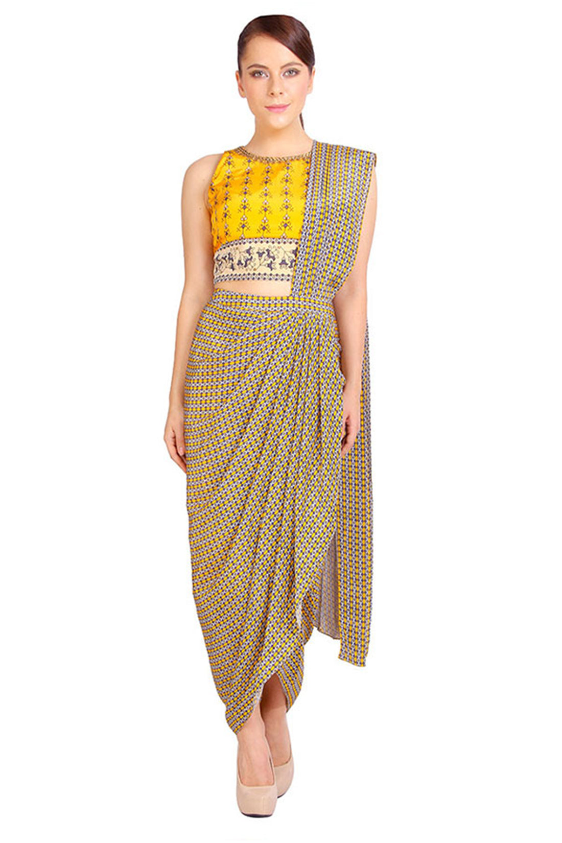 Geo Floral Printed Pre-Stitched Saree With Blouse