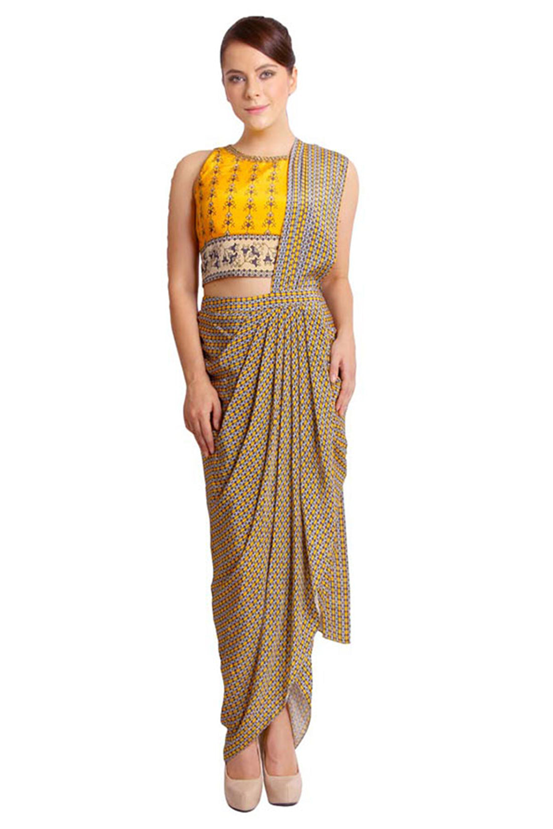 Geo Floral Printed Pre-Stitched Saree With Blouse