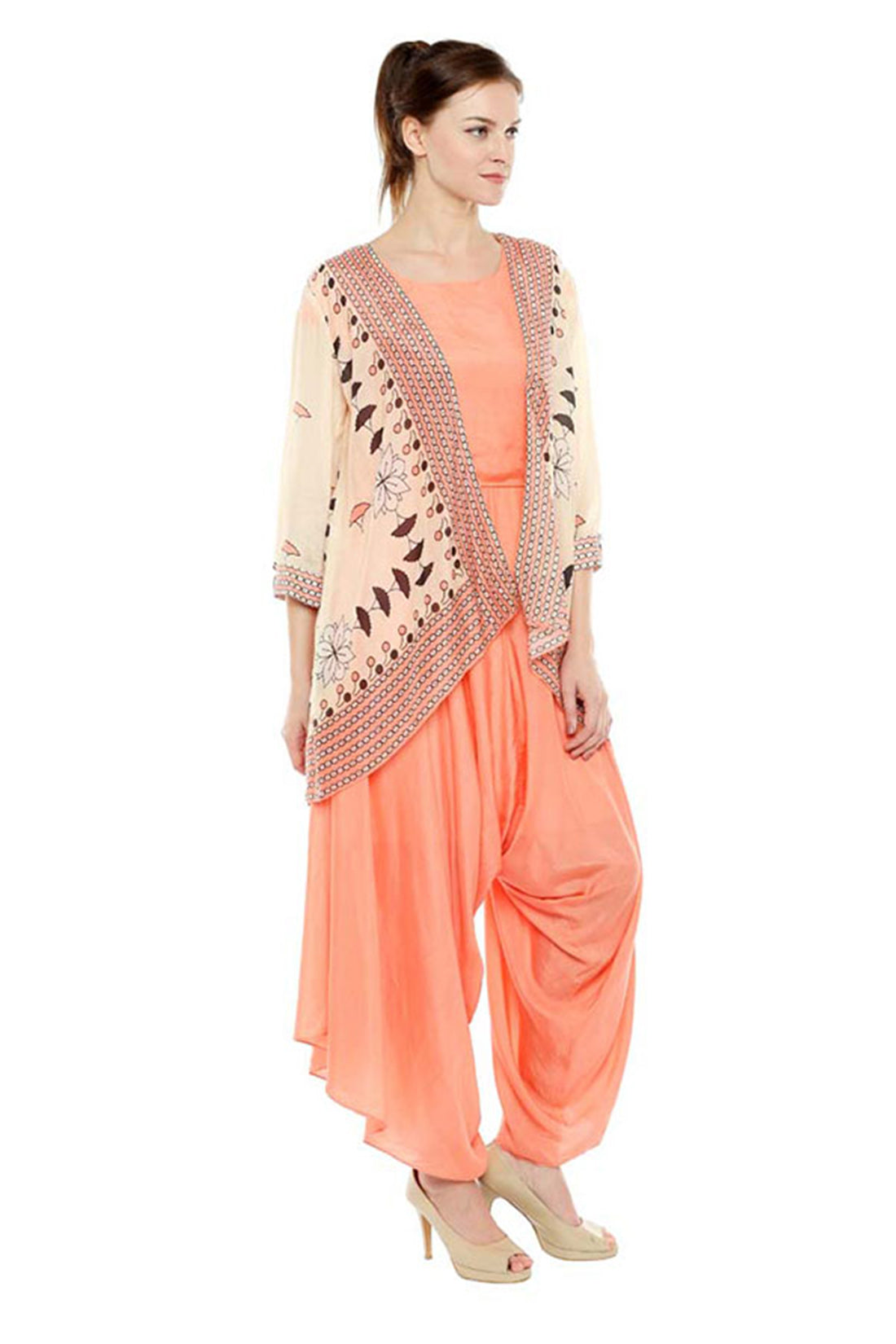 Bagru Printed Cowl Jumpsuit With Jacket