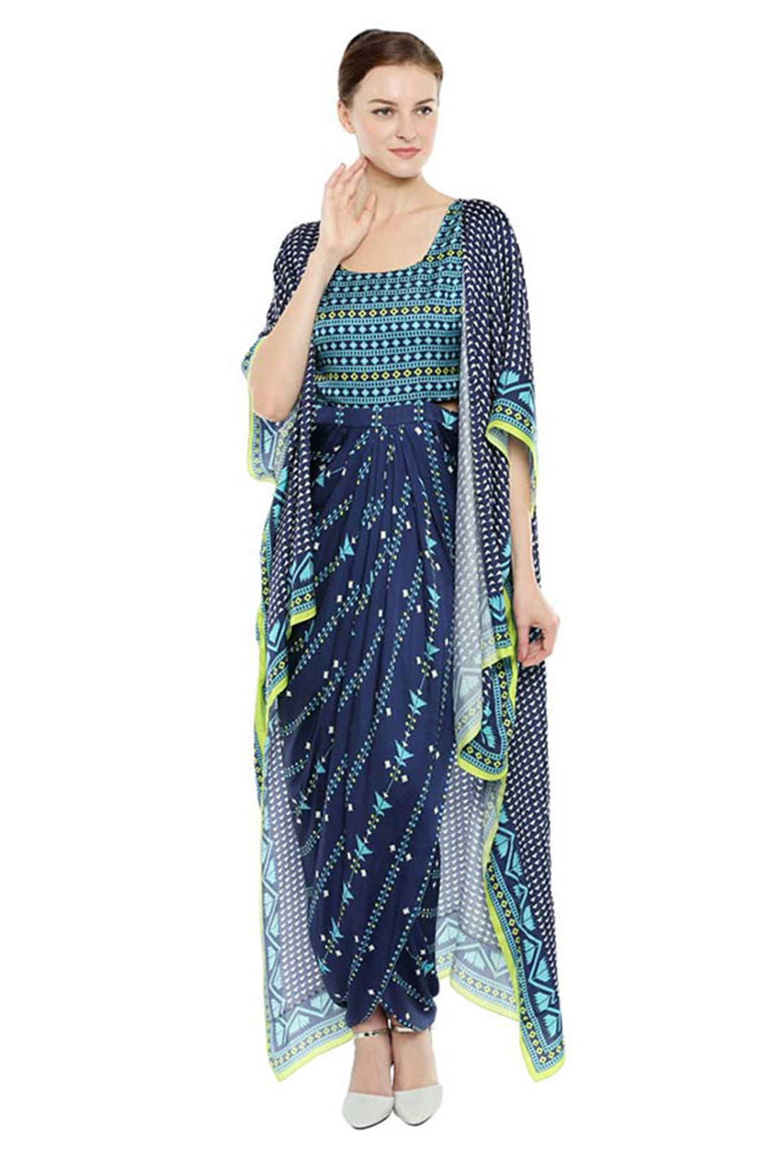 Azulejos Printed Drape Dress With Cape