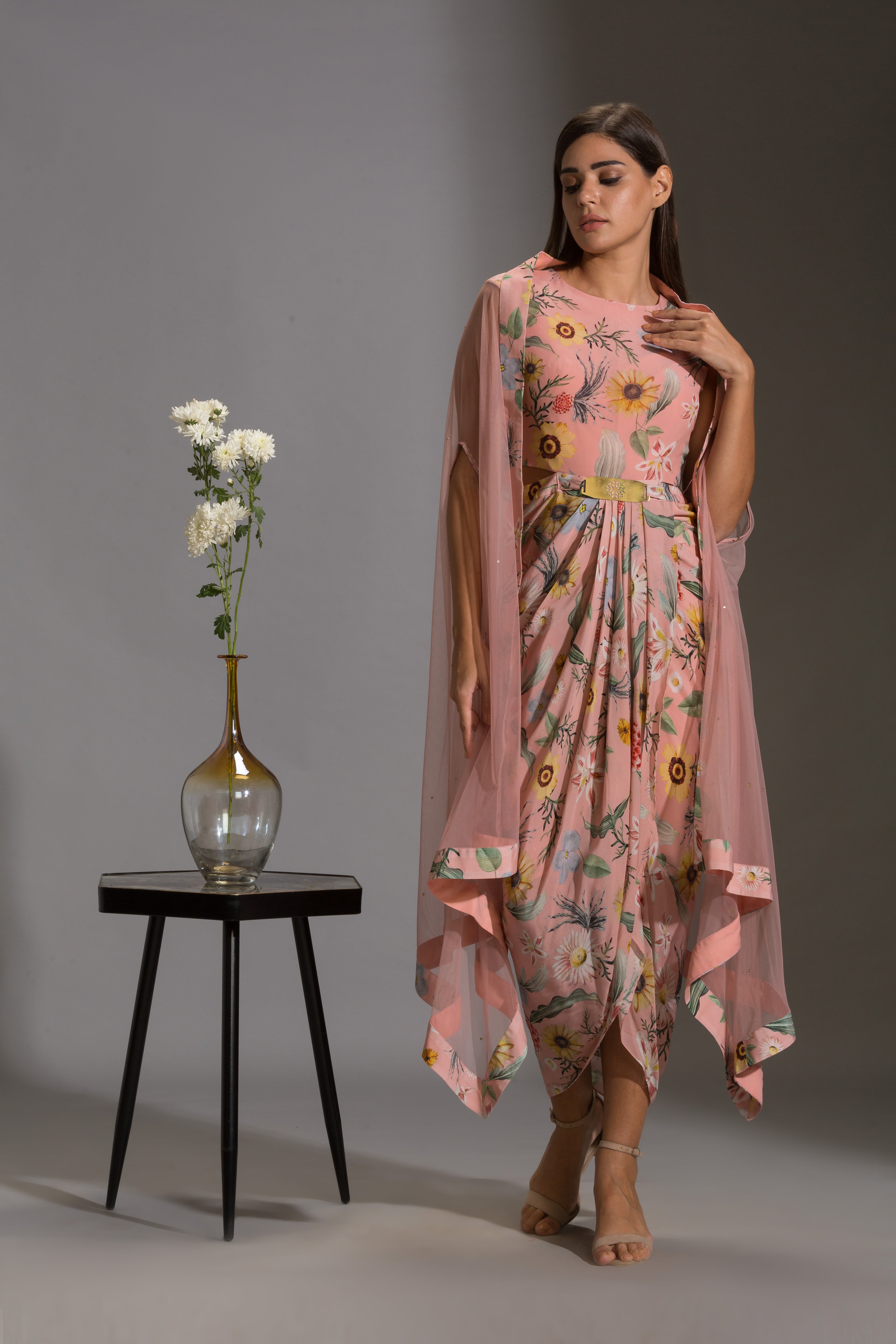 Gulista Floral Drape Dress And Net Cape
