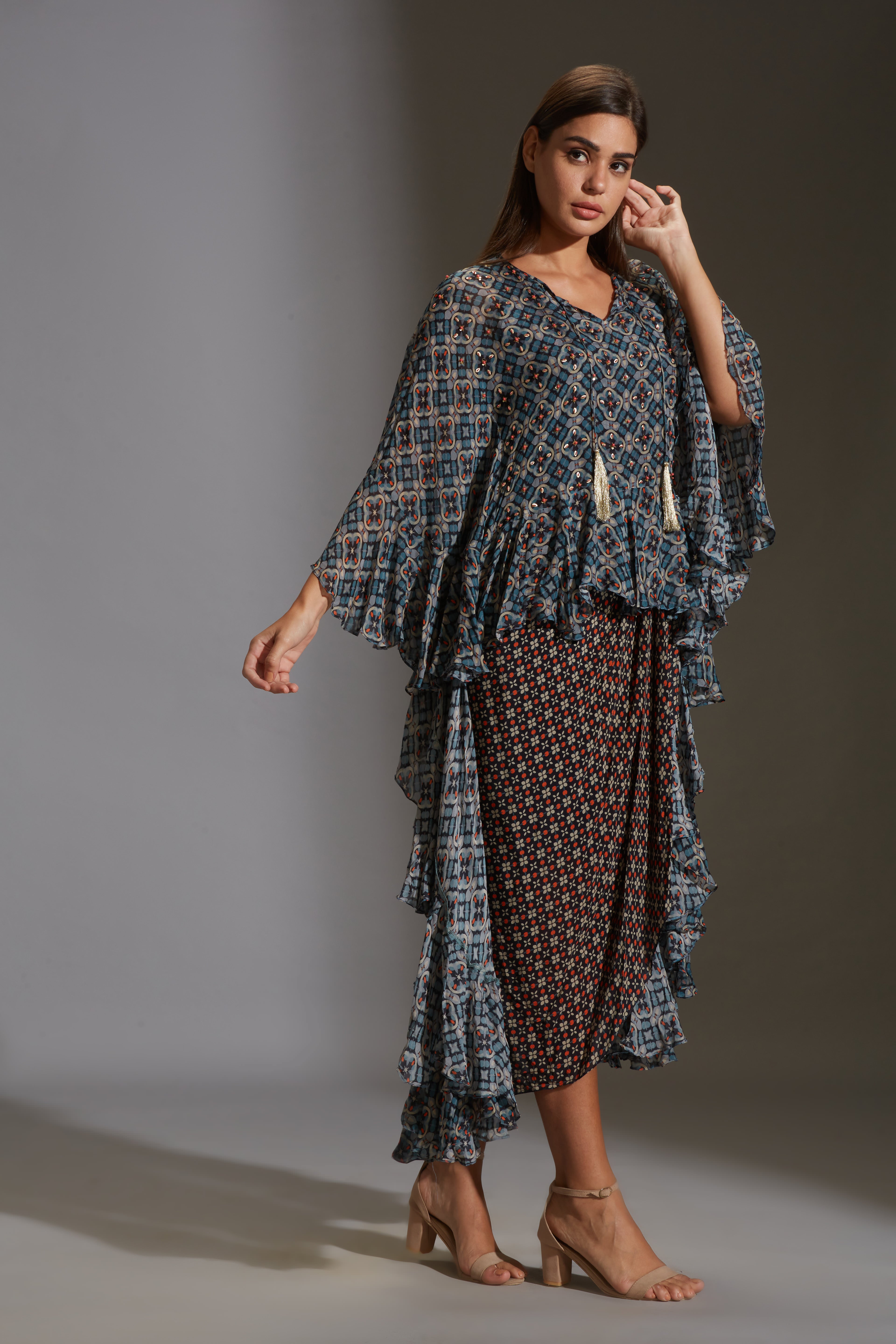Arabesque Geometrical Drape Dress With Frill Top