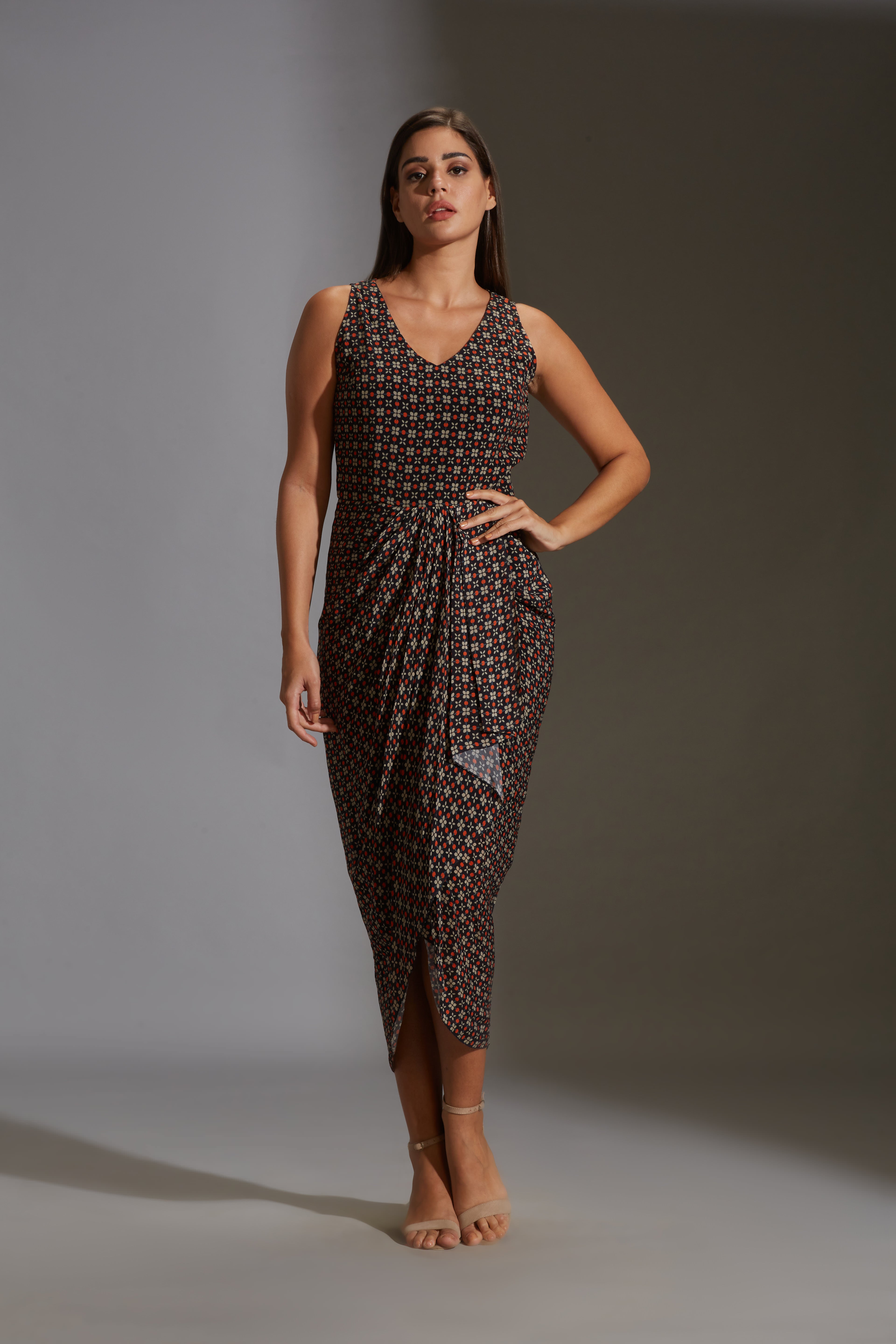 Arabesque Geometrical Drape Dress With Frill Top