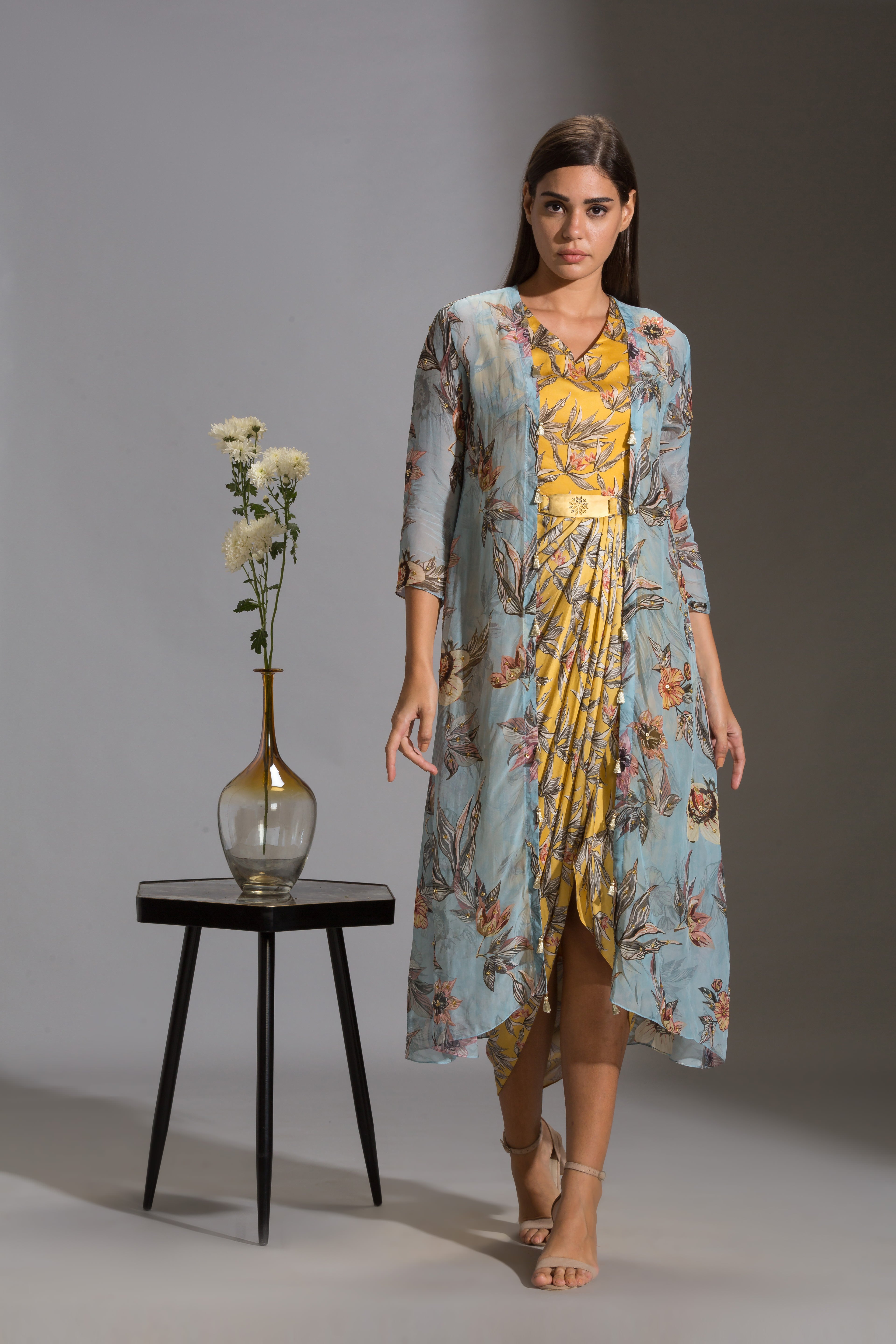 Anthia Floral Printed Drape Dress With Jacket