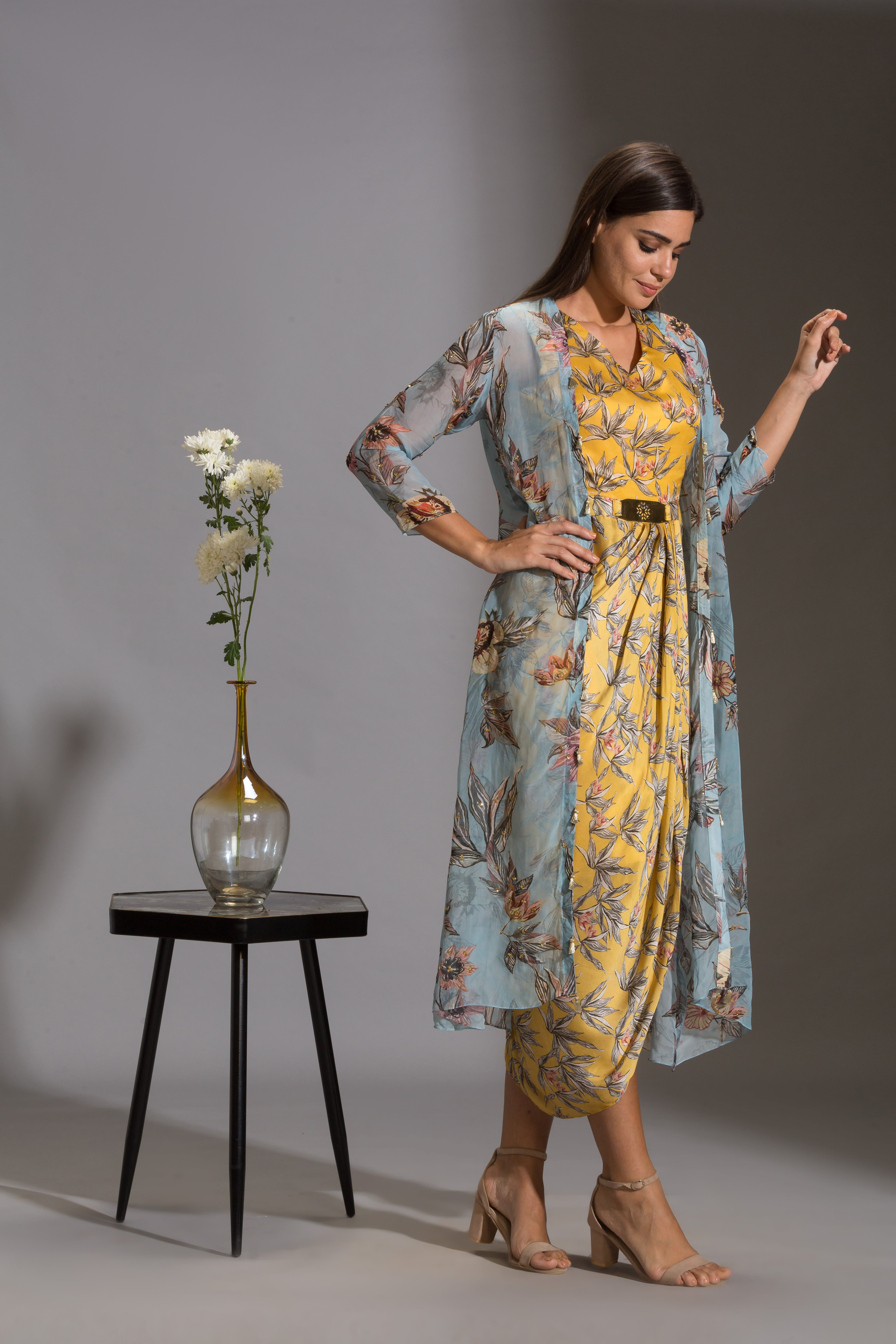 Anthia Floral Printed Drape Dress With Jacket