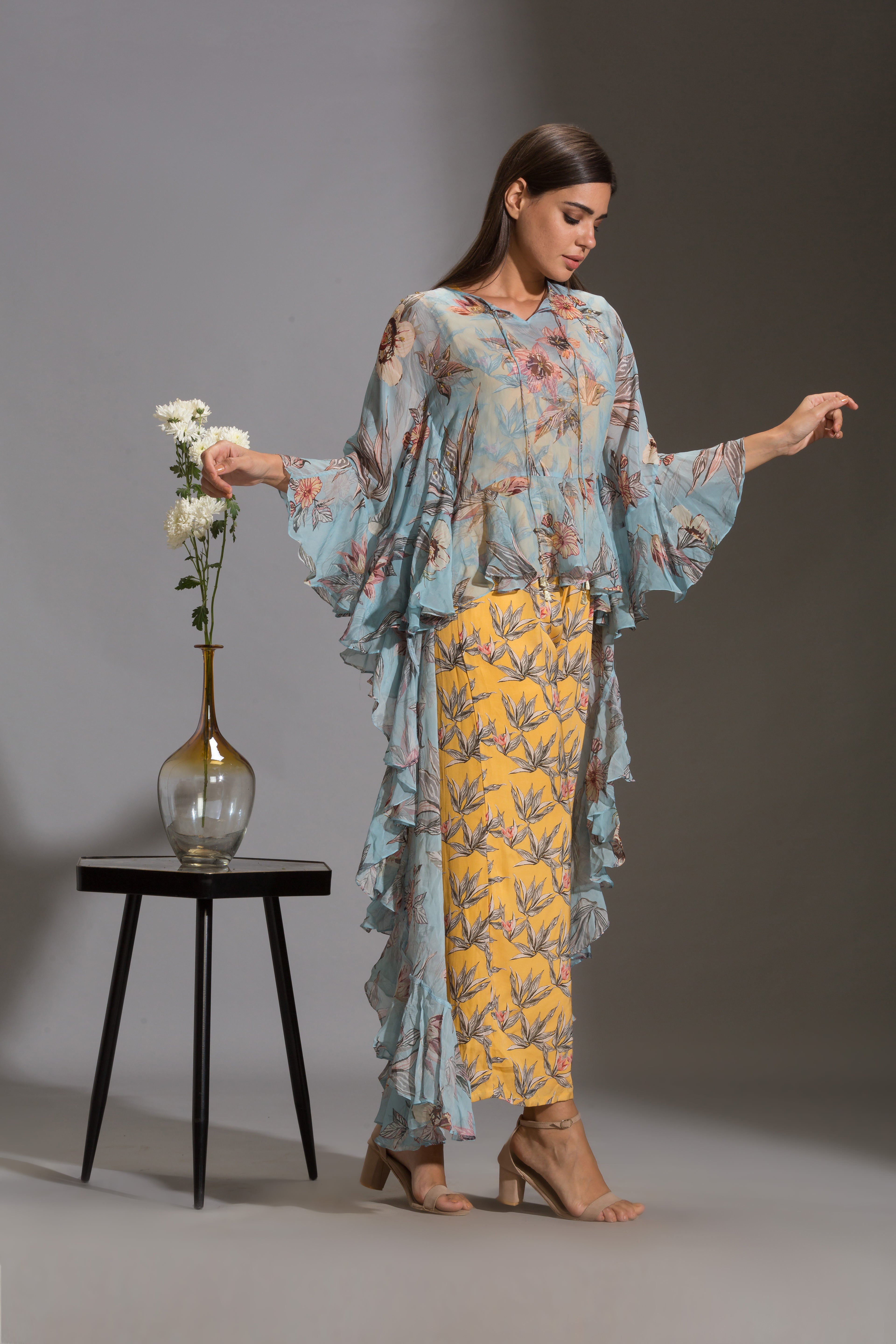 Anthia Floral Jumpsuit Paired With Frilled Top