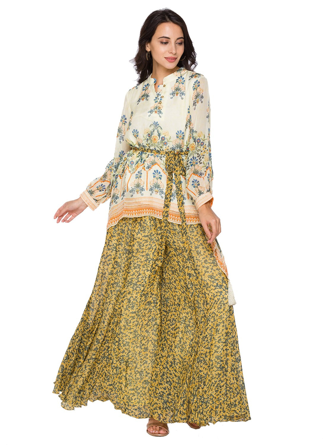 Eden Printed Asymetrical Top Paired With Sharara Pants And Printed Belt Embellished With Pearls