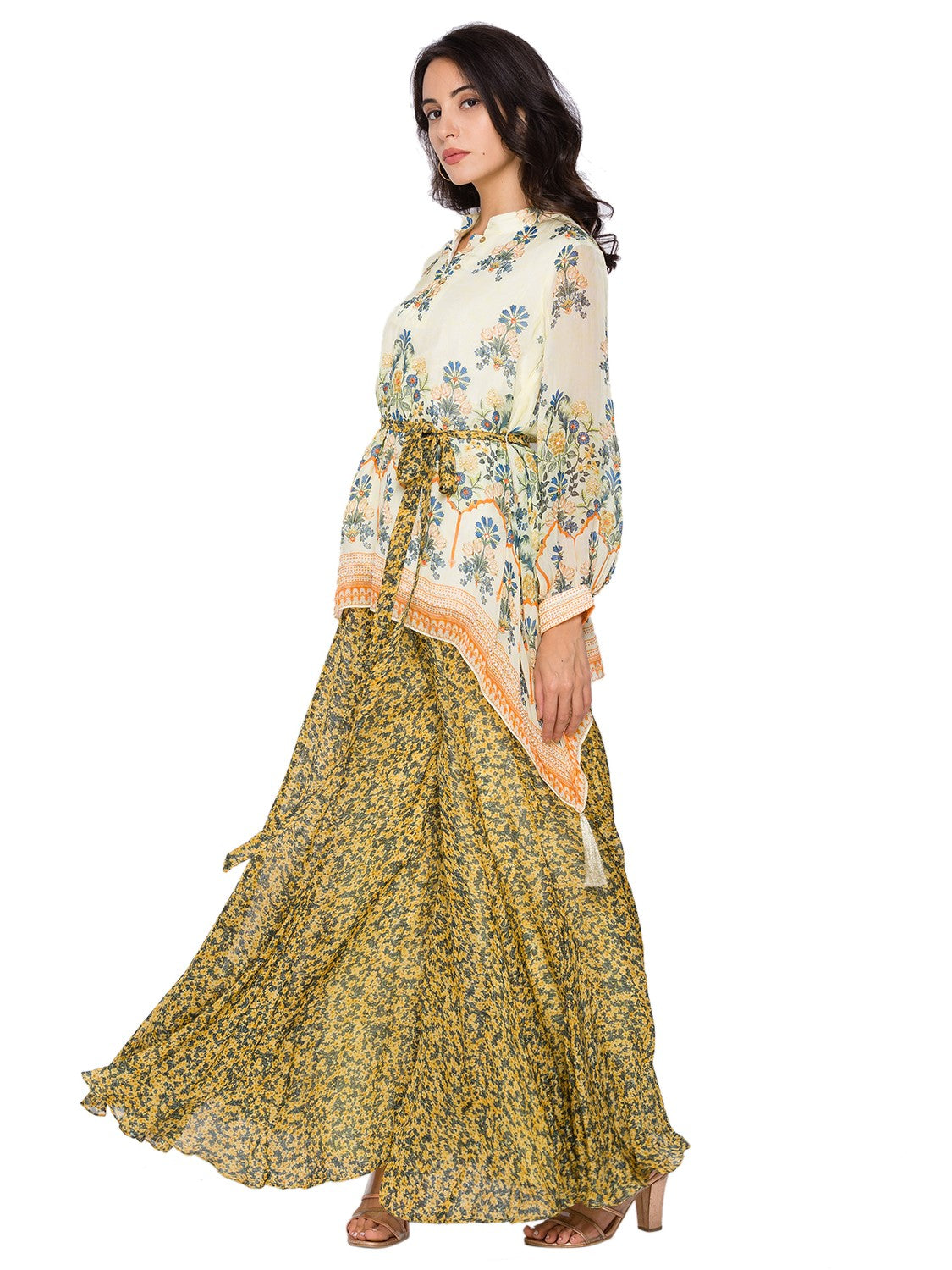 Eden Printed Asymetrical Top Paired With Sharara Pants And Printed Belt Embellished With Pearls