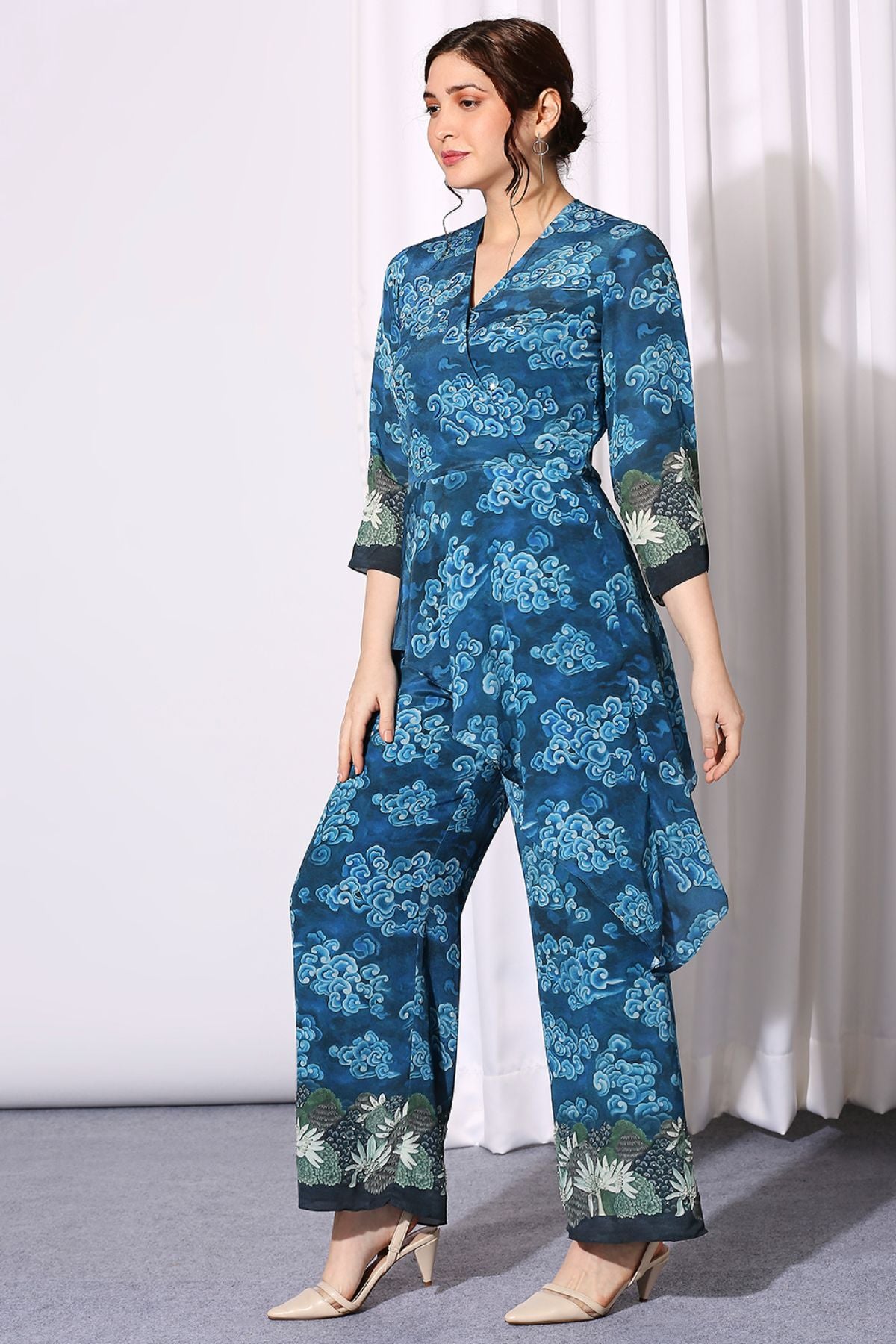 Coversational Asymmetrical Printed Jumpsuit With Back Opening