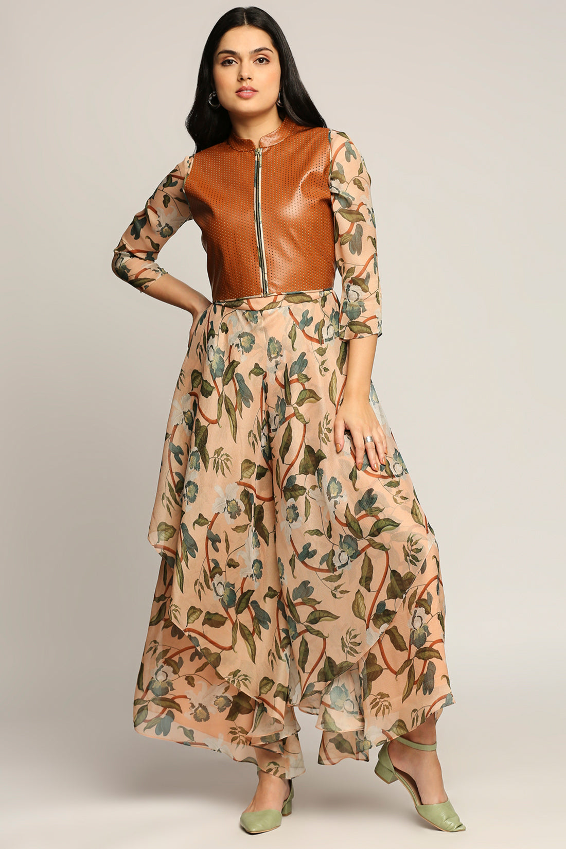 Orchid Bloom Printed Jumpsuit With Leather Jacket