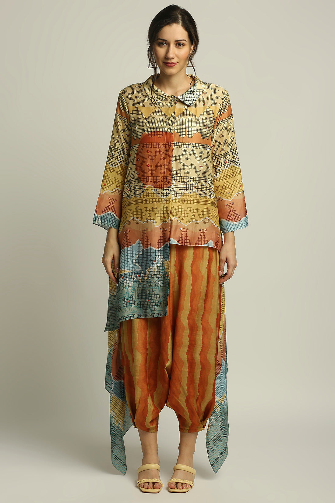 Dune Shadow Printed High-Low Top With Dhoti