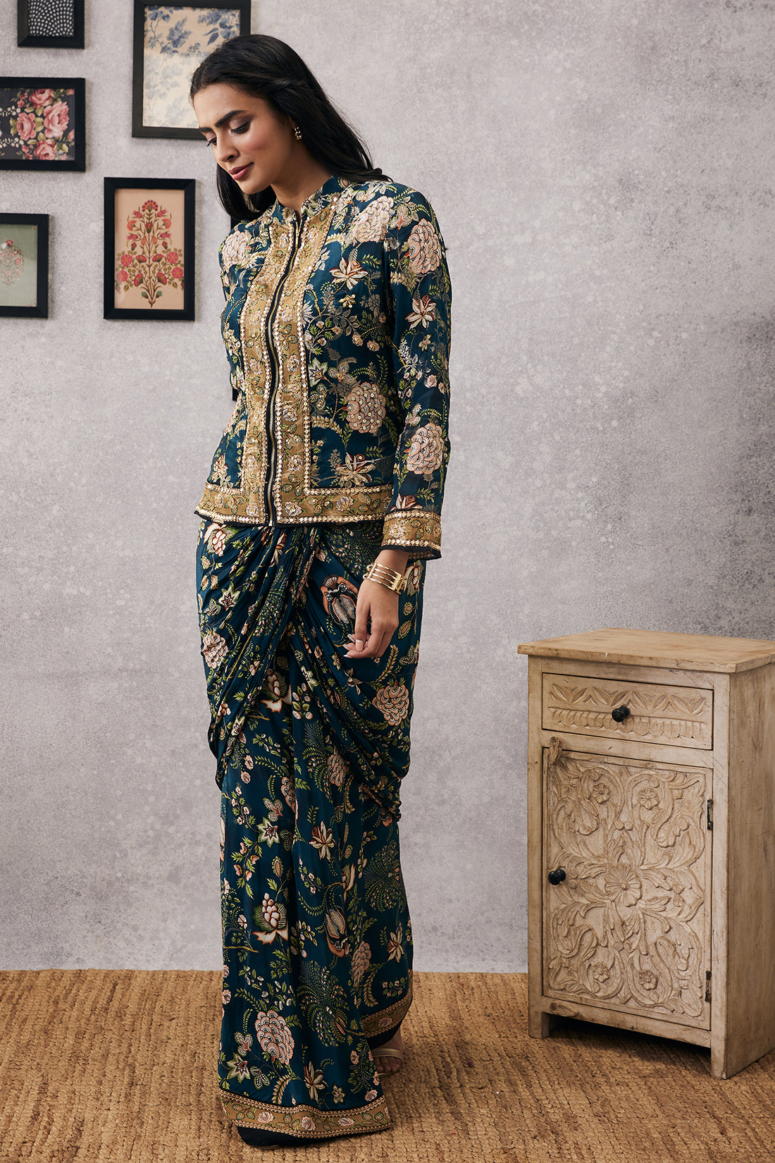 Mehr Embroidered Jacket With Drape Skirt