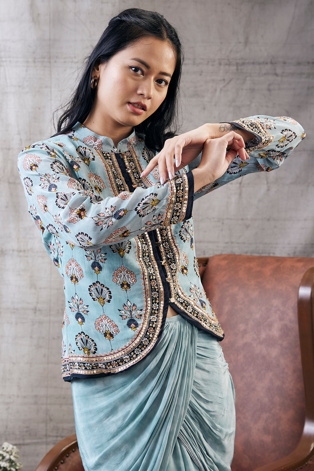 Sarouk Printed Drape Skirt With Embroidered Top