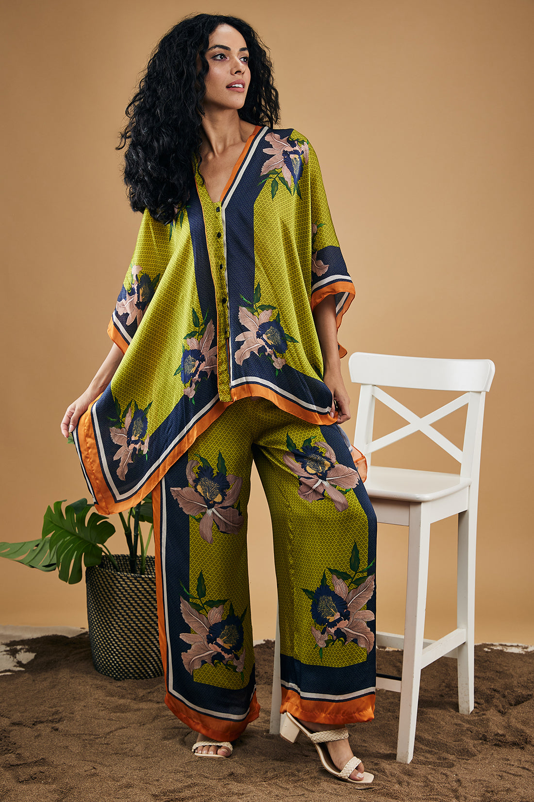 Green Orchid Bloom Printed Kimono Shirt With Pants