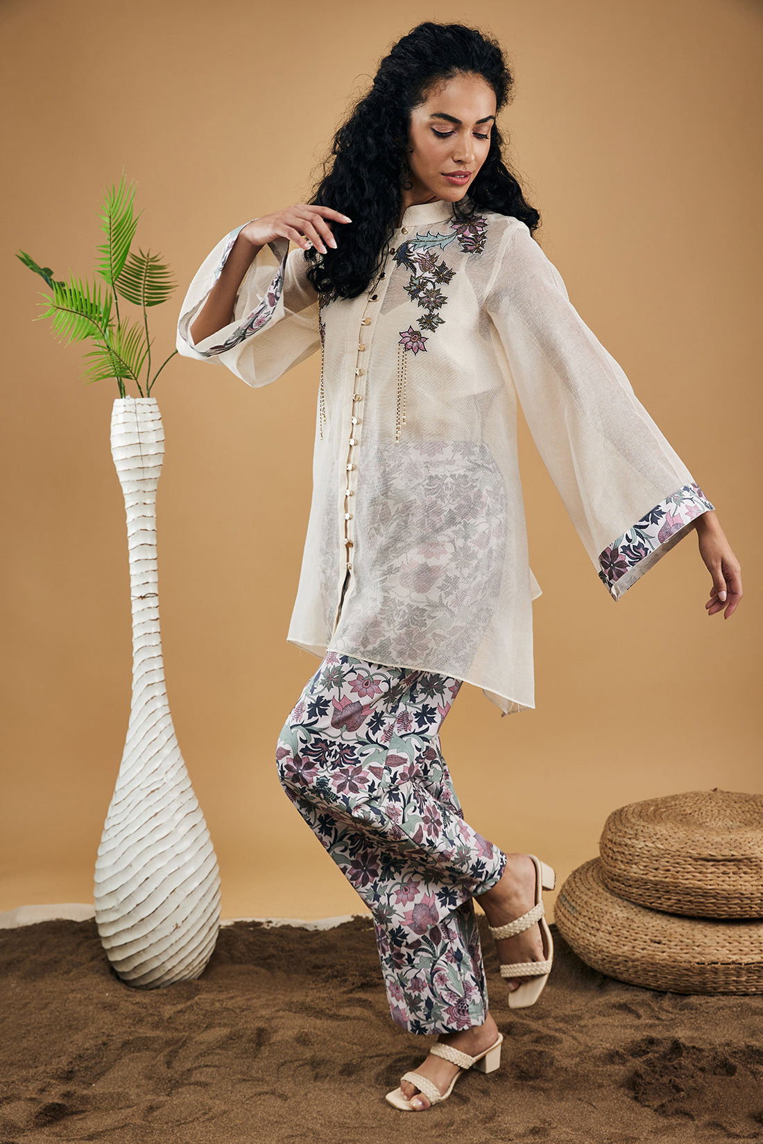 Off White Pastel Floral Applique Top With Pants