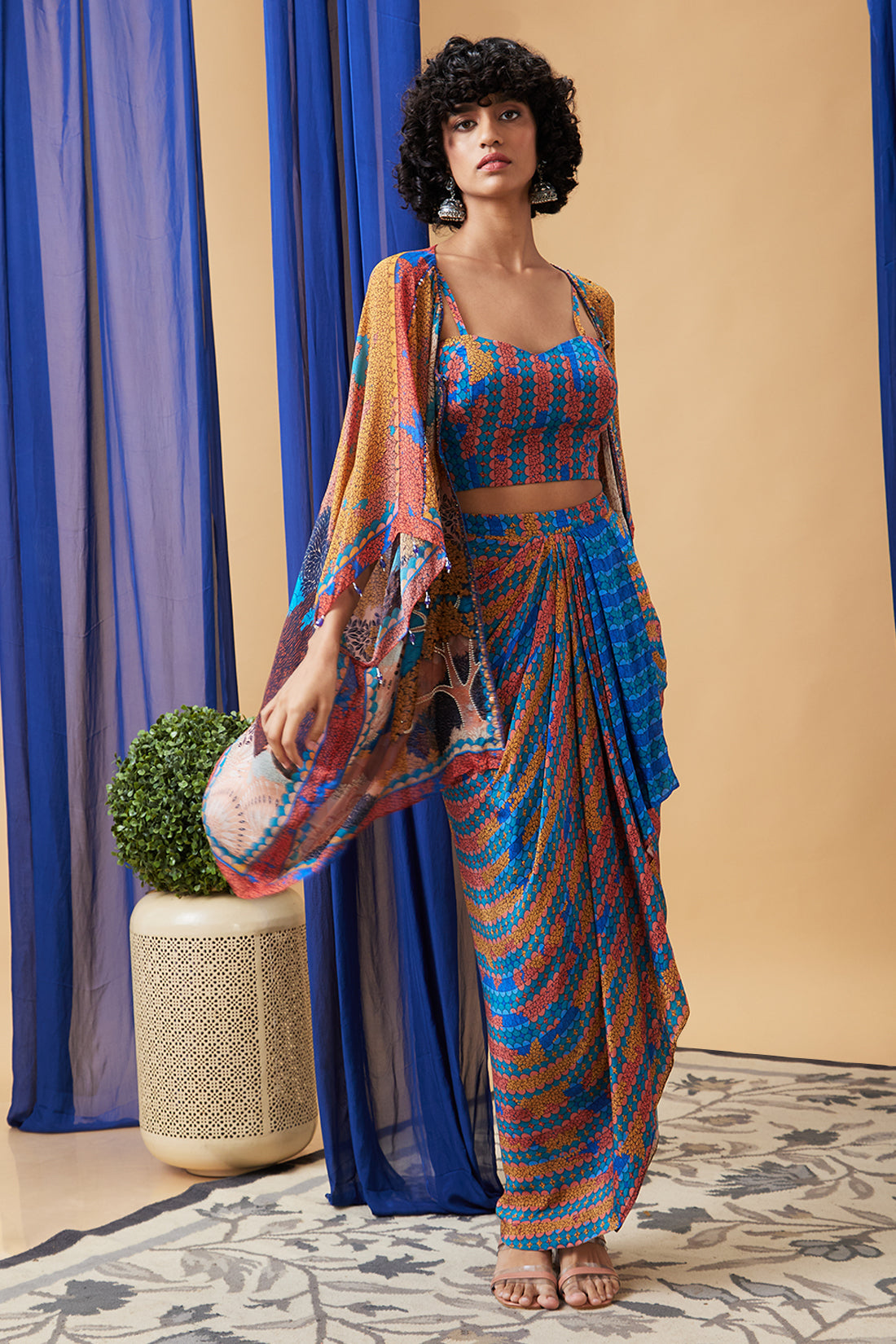 Benazir Embroidered Drape Dress With Cape