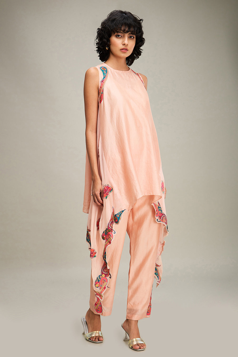 Peach Qala Applique Asymmetric Kurta Set