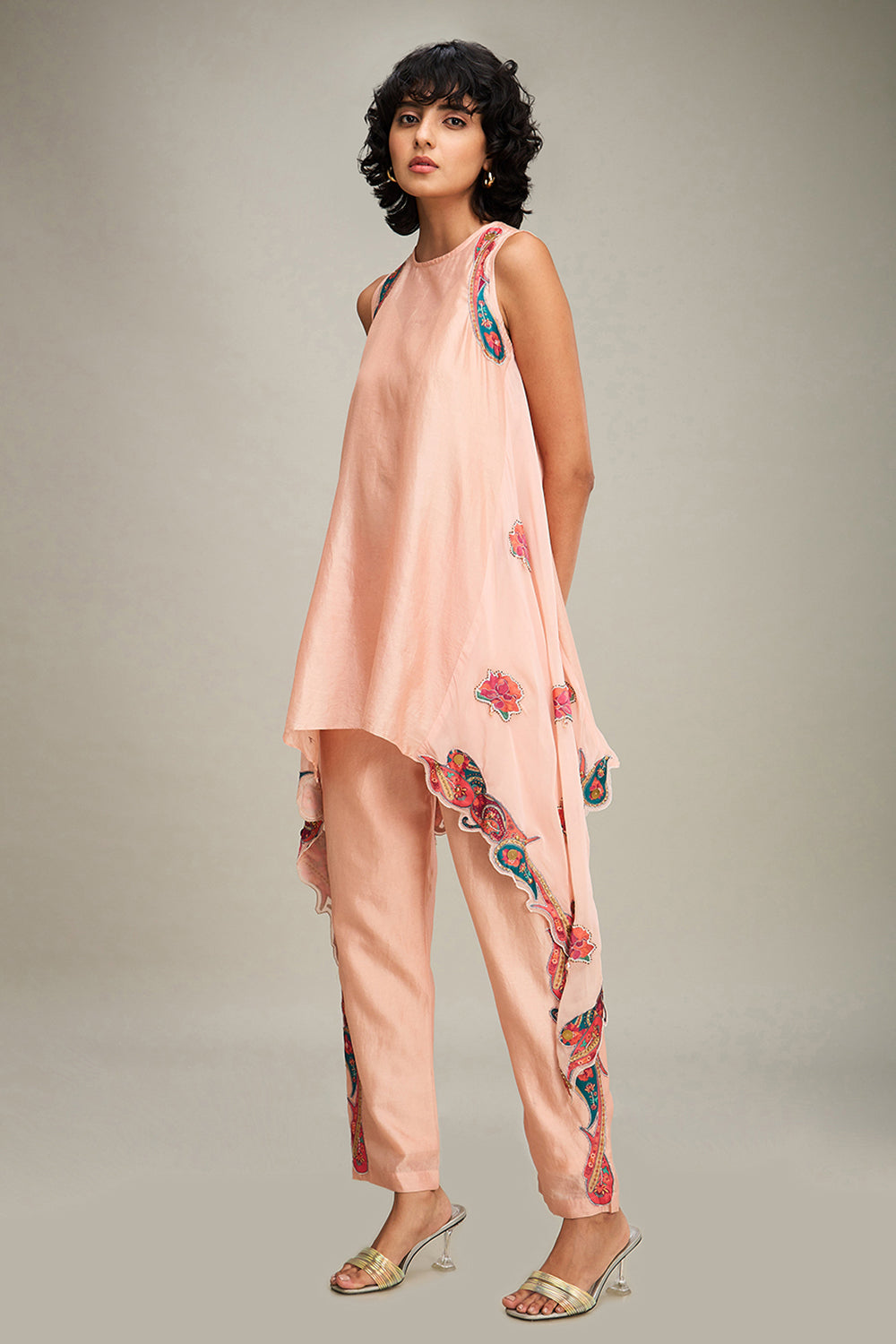 Peach Qala Applique Asymmetric Kurta Set