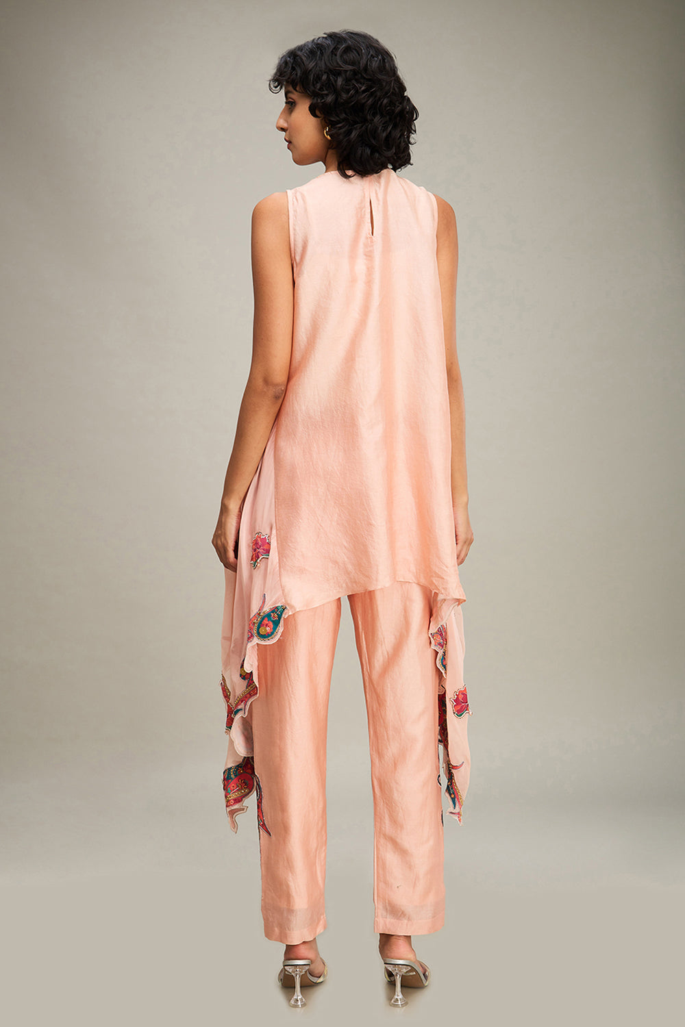 Peach Qala Applique Asymmetric Kurta Set