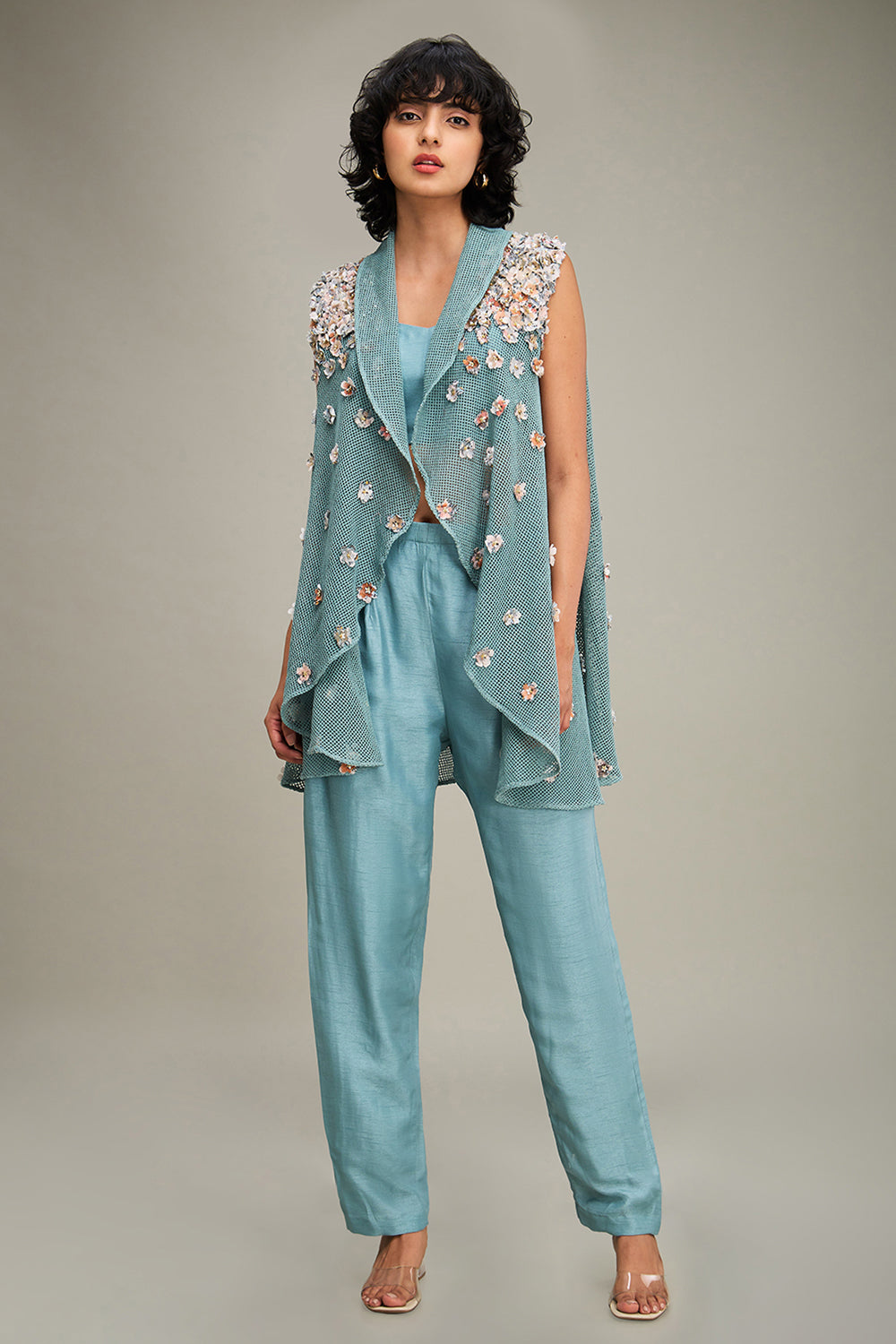 Teal Blue Conversational Embellished Co Ord Set With Cape