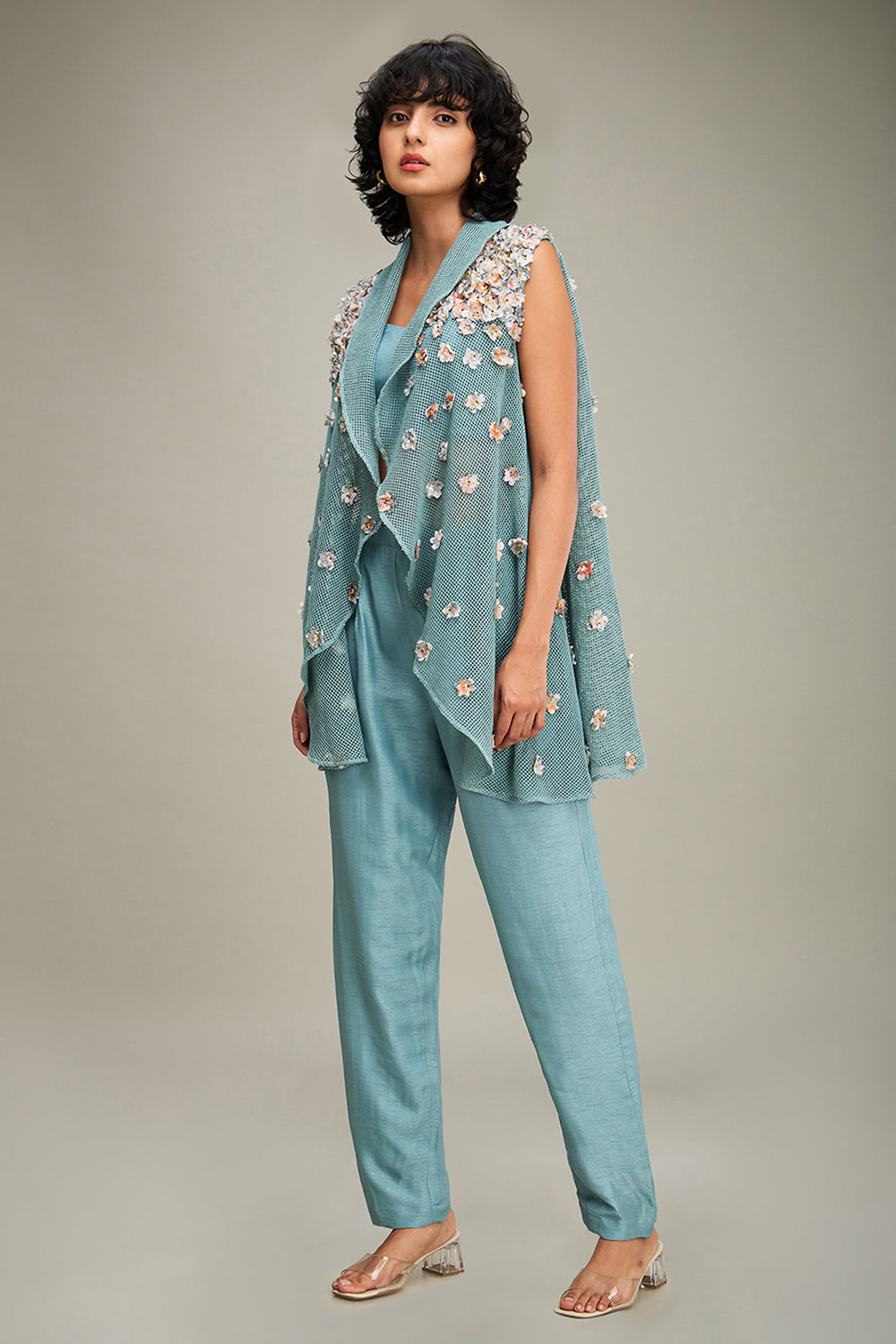 Teal Blue Conversational Embellished Co Ord Set With Cape