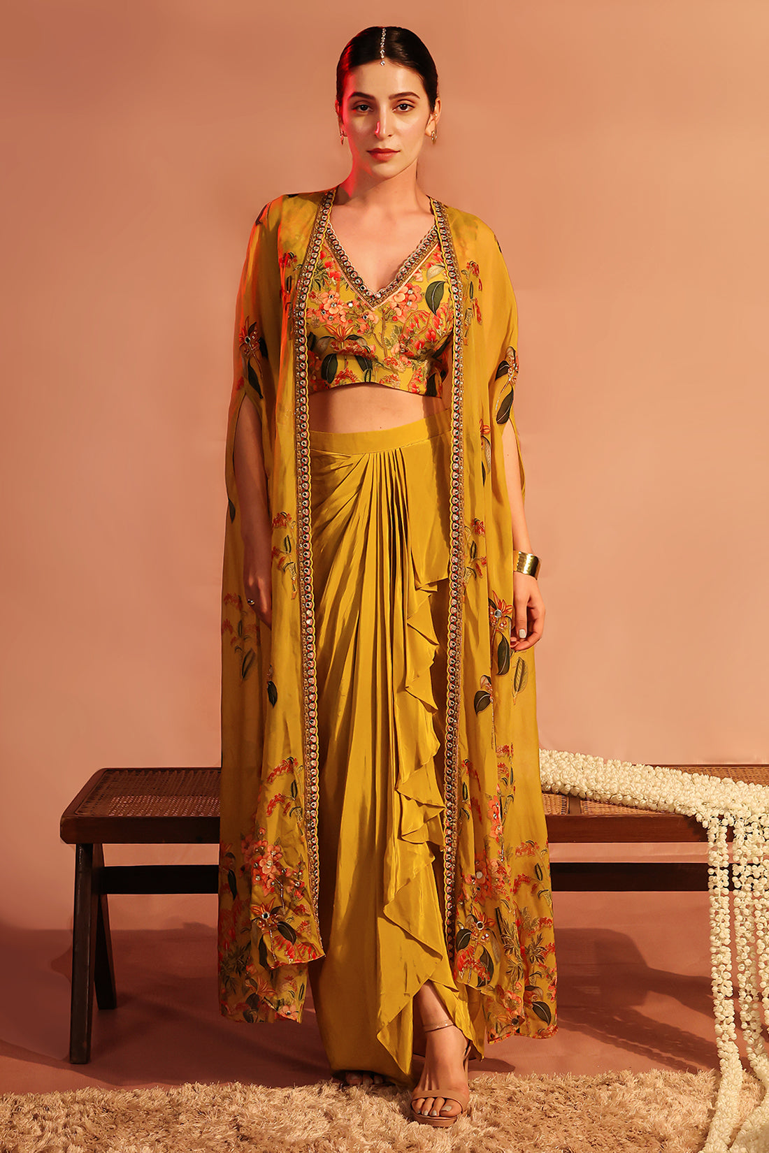 Tamaya Embellished Drape Skirt Set with Cape