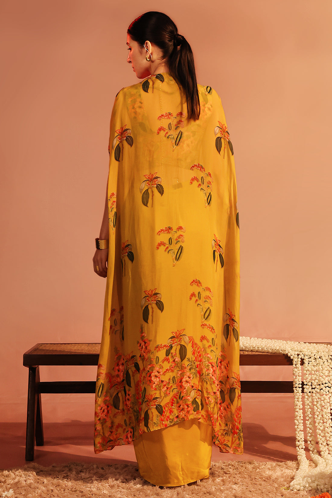 Tamaya Embellished Drape Skirt Set with Cape