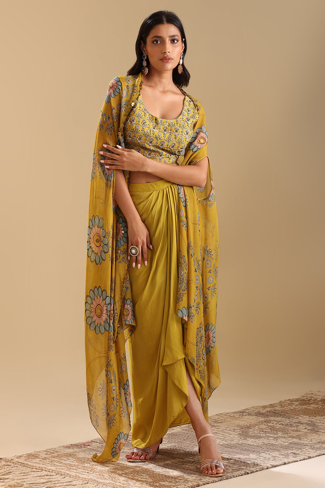 Eraya Embellished Drape Skirt Set With Cape