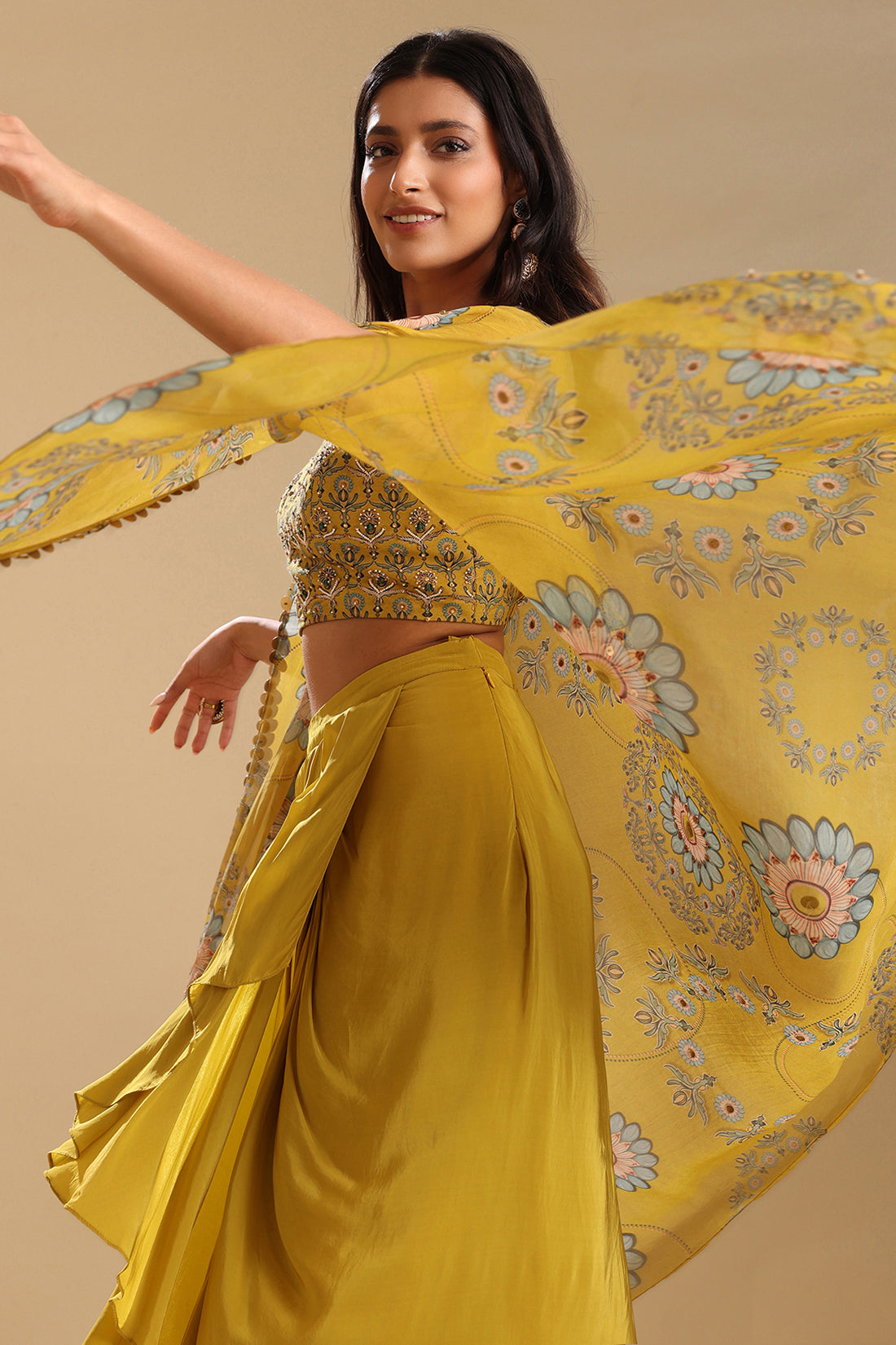 Eraya Embellished Drape Skirt Set With Cape