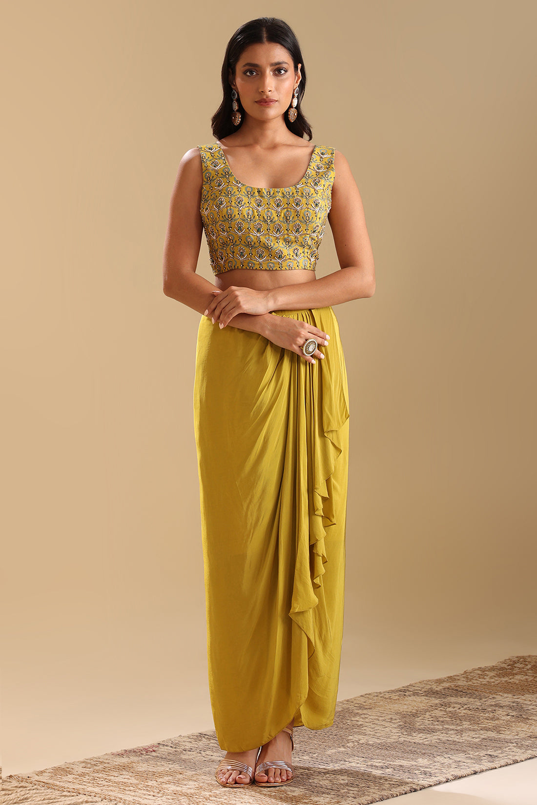 Eraya Embellished Drape Skirt Set With Cape