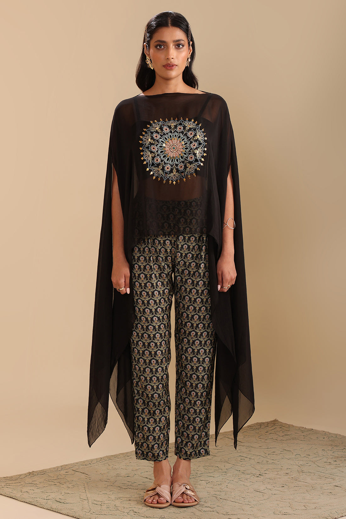 Black Eraya Printed Jumpsuit With Cape