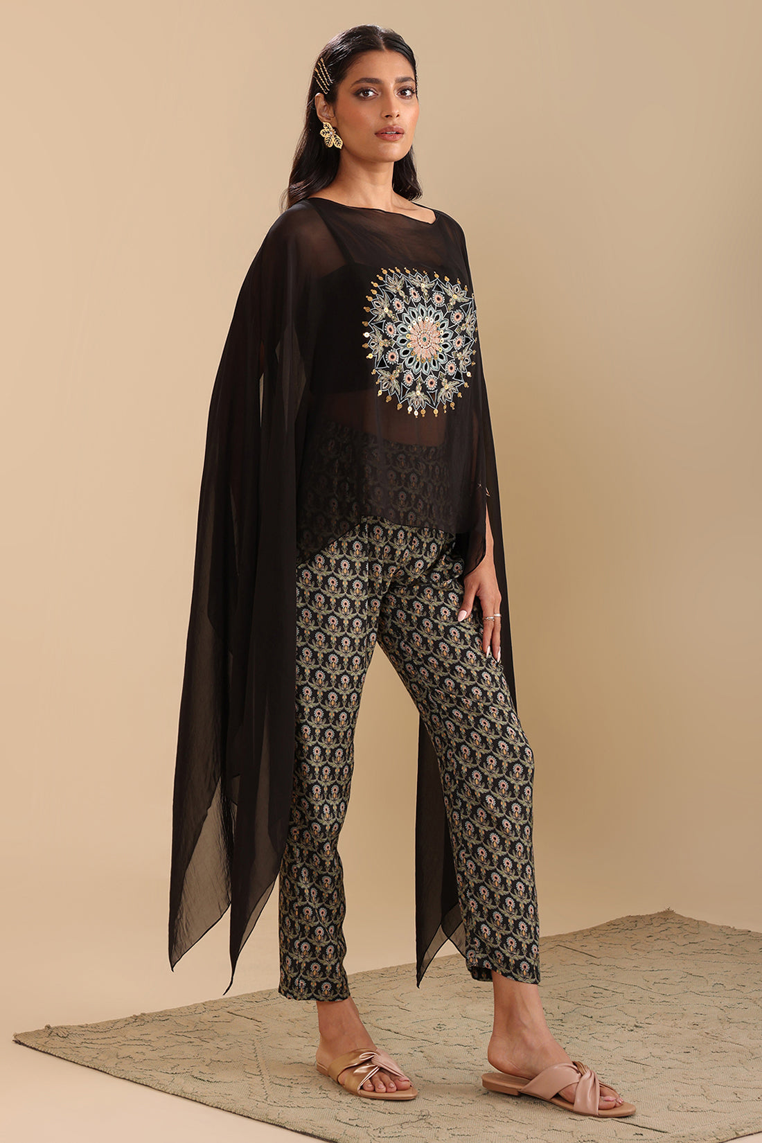 Black Eraya Printed Jumpsuit With Cape