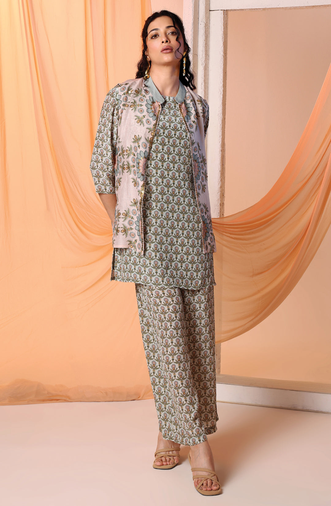 Earaya Printed Kurta Set with Embellished Jacket