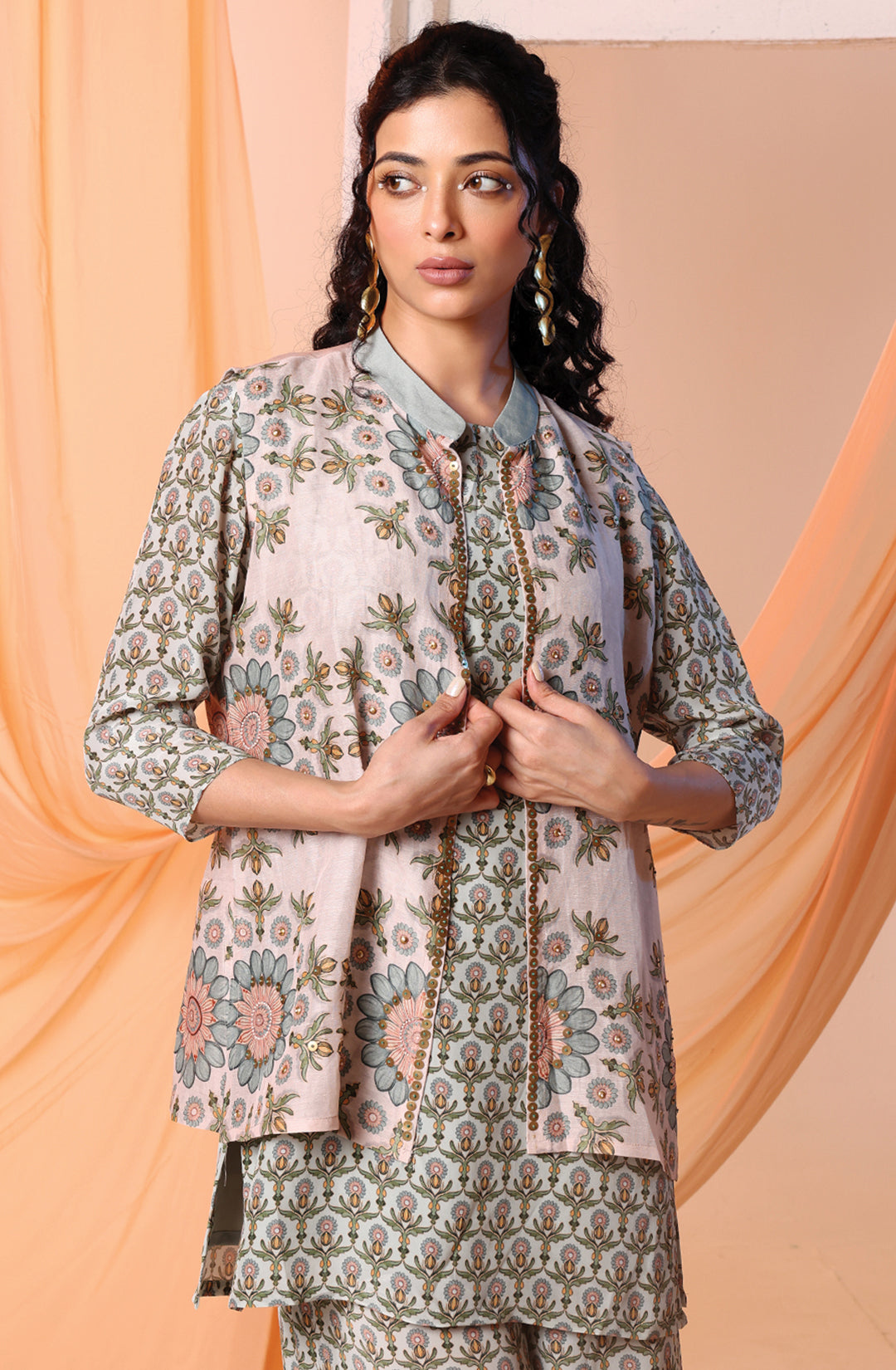 Earaya Printed Kurta Set with Embellished Jacket