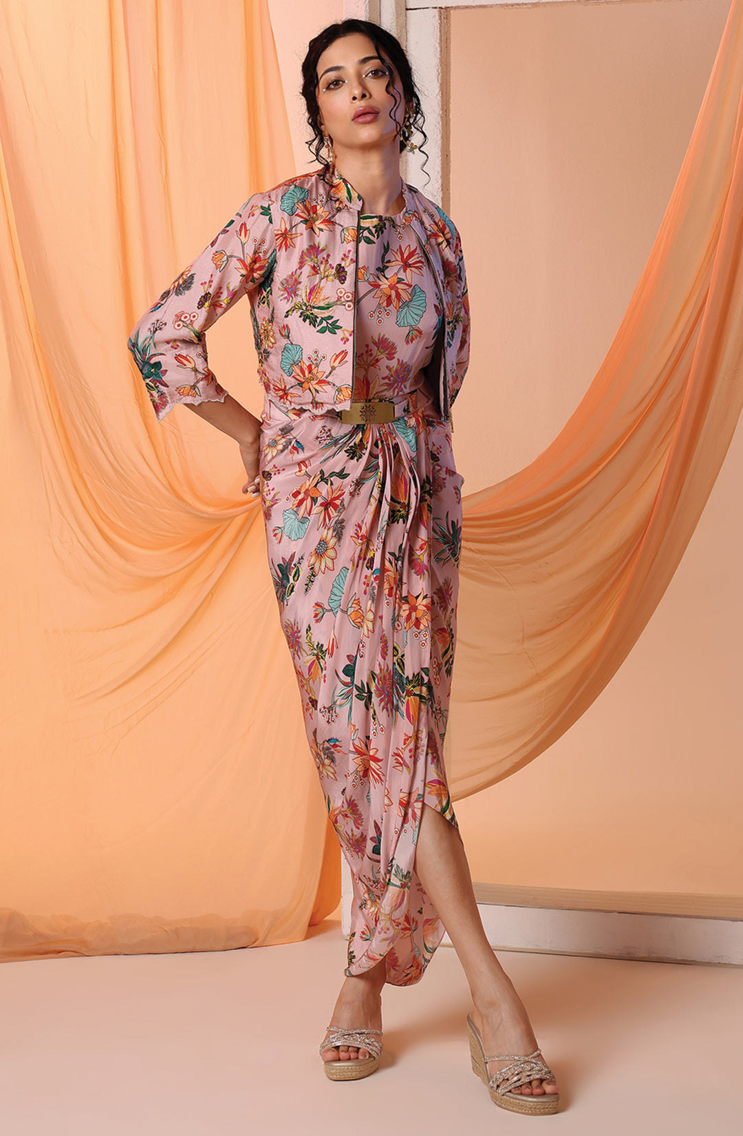 Pink	Arani Printed Drapedrape Dress Set