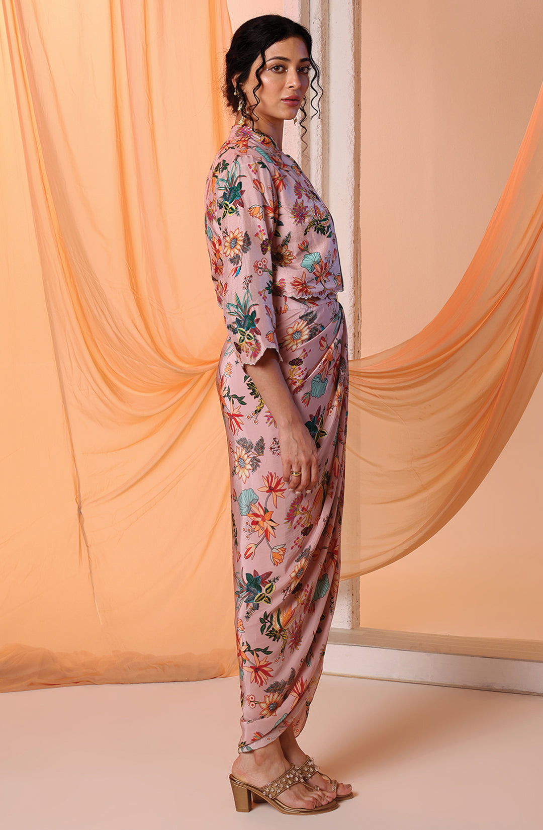 Pink	Arani Printed Drapedrape Dress Set