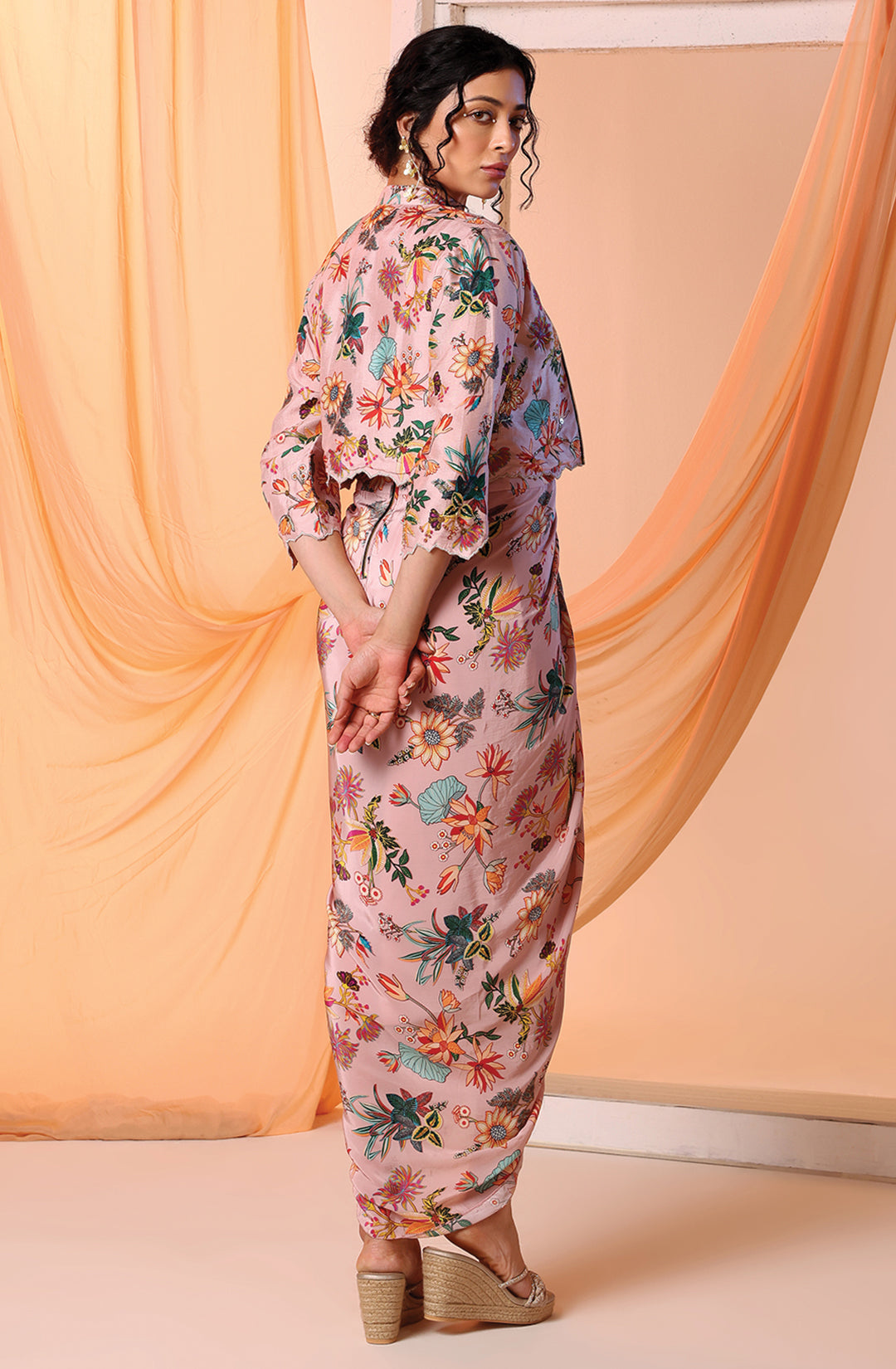 Pink Arani Printed Drapedrape Dress Set