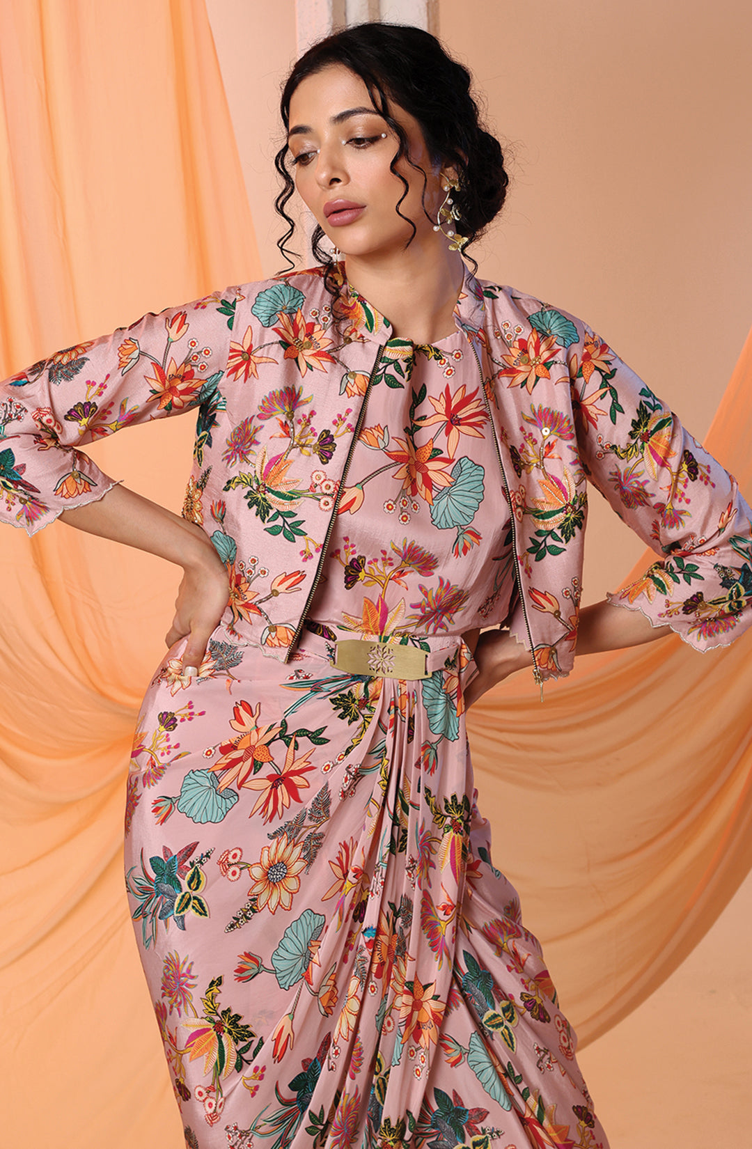 Pink Arani Printed Drapedrape Dress Set