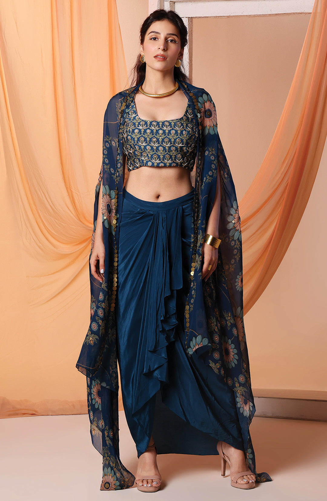 Eraya Embellished Drape Skirt Set with Cape