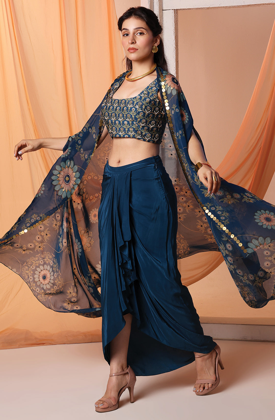 Eraya Embellished Drape Skirt Set with Cape