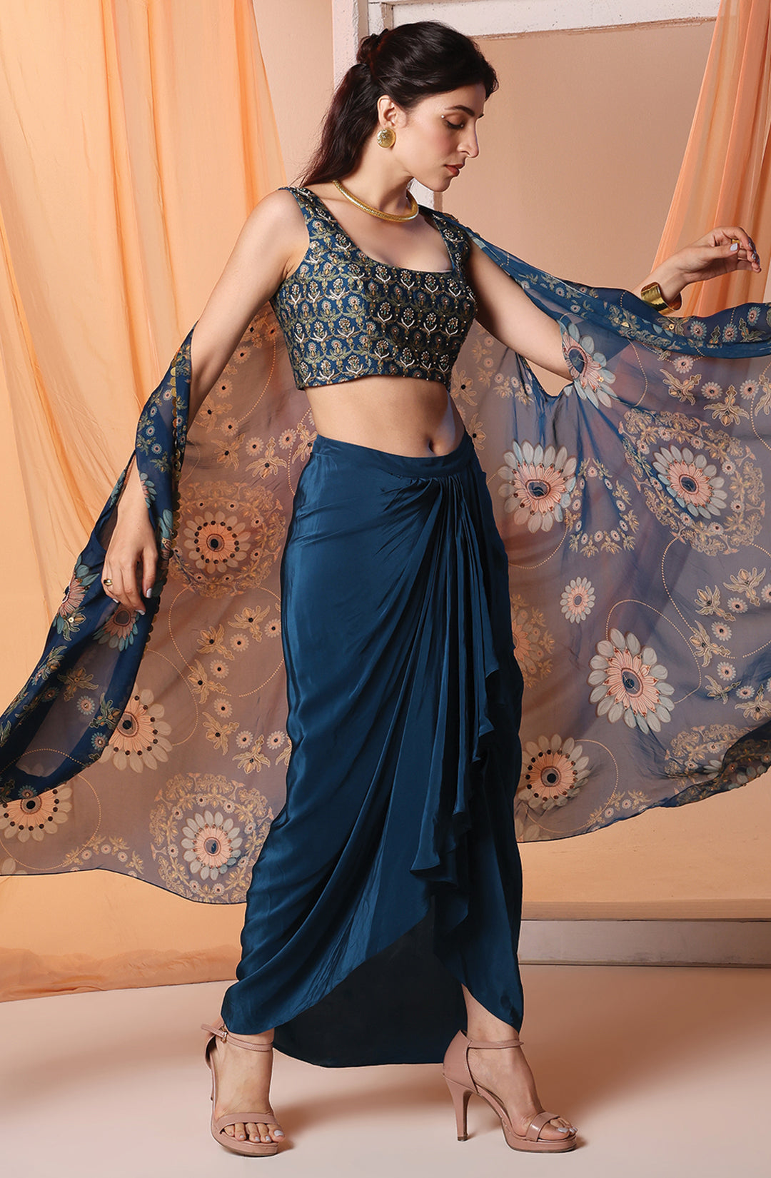 Eraya Embellished Drape Skirt Set with Cape