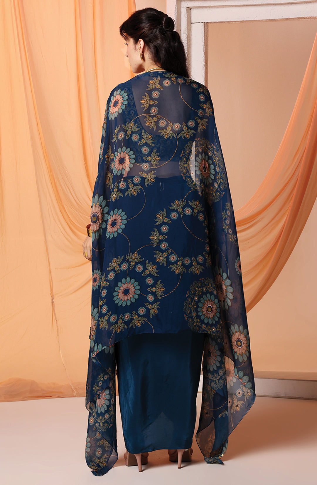 Eraya Embellished Drape Skirt Set with Cape
