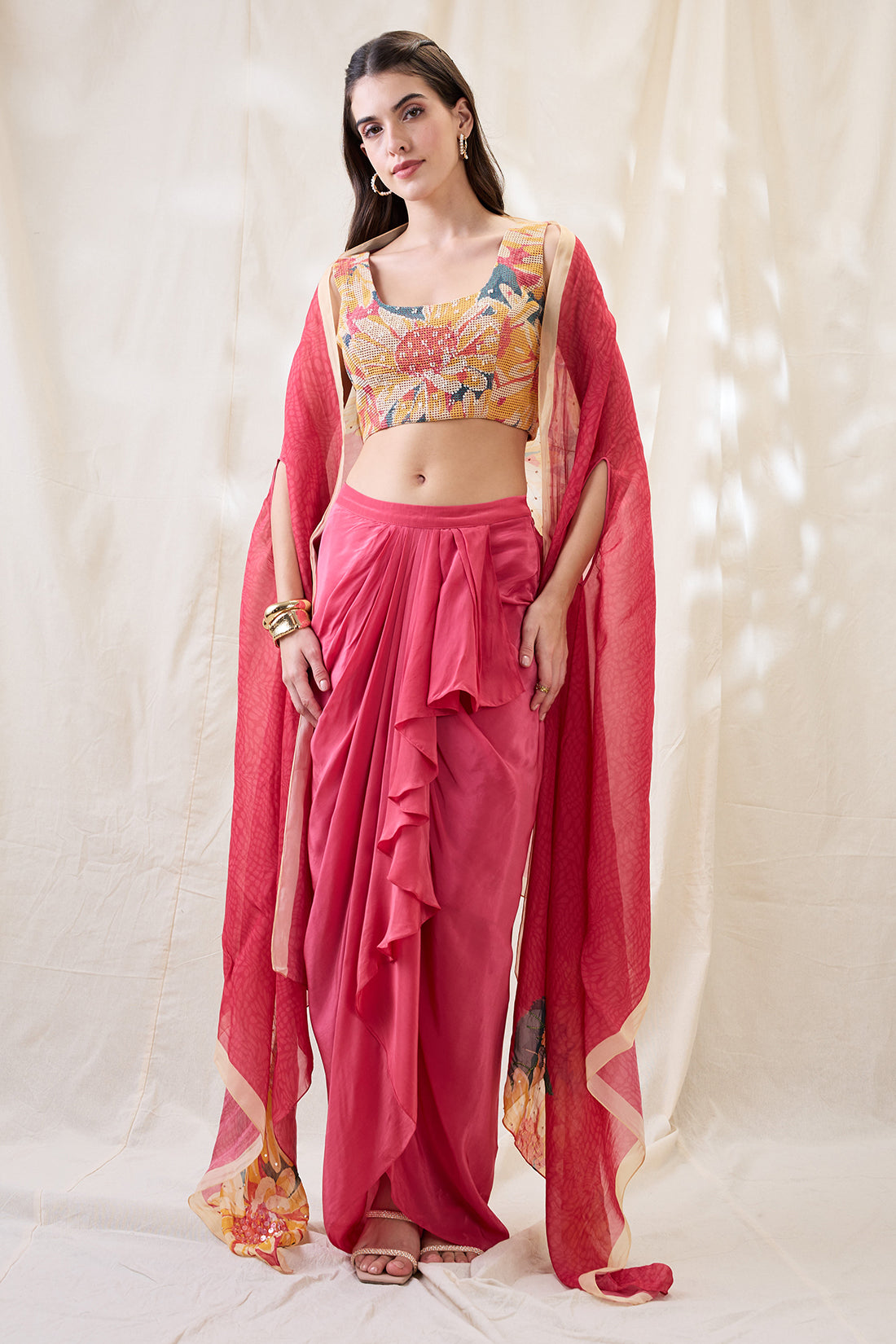 Ravya drape skirt set with embellished cape
