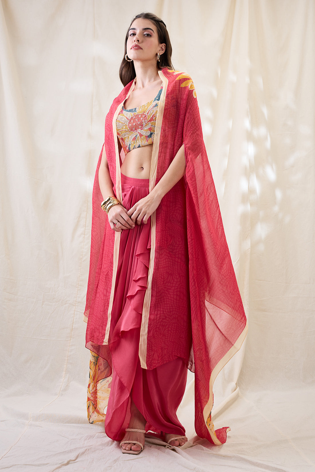 Ravya drape skirt set with embellished cape