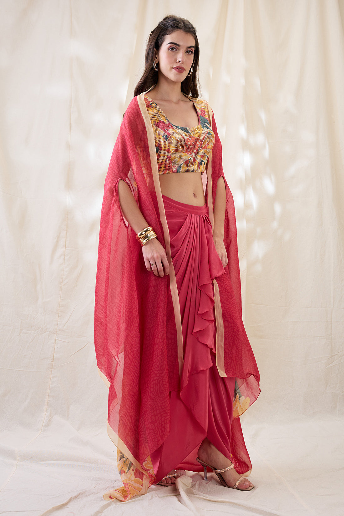 Ravya drape skirt set with embellished cape